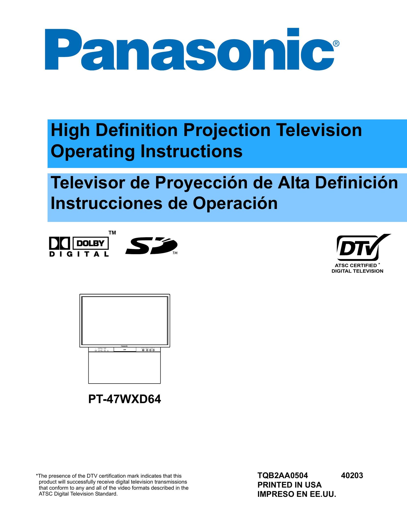 Panasonic PT 47WXD64 Projection Television User Manual