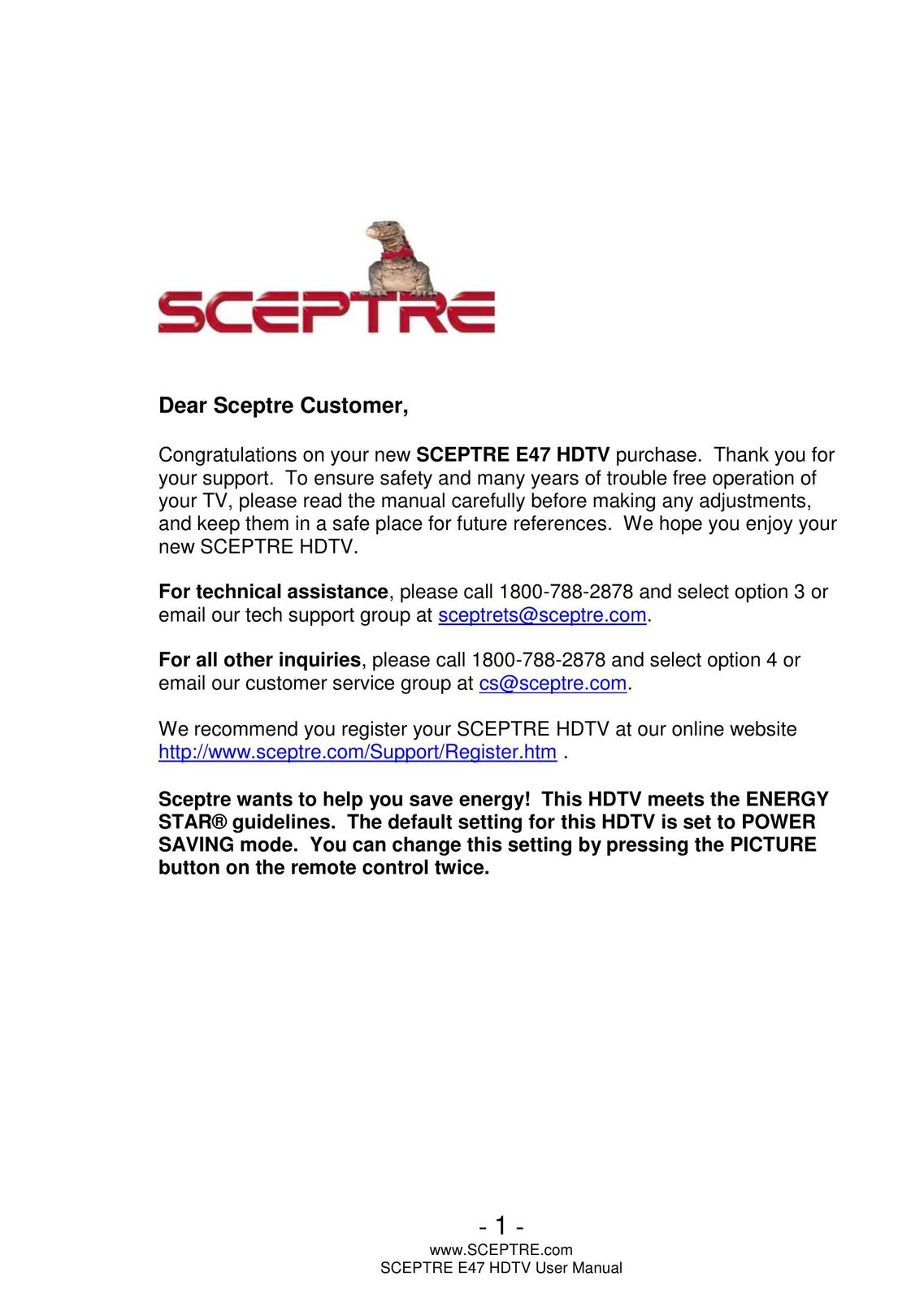 Sceptre Technologies E47 Projection Television User Manual