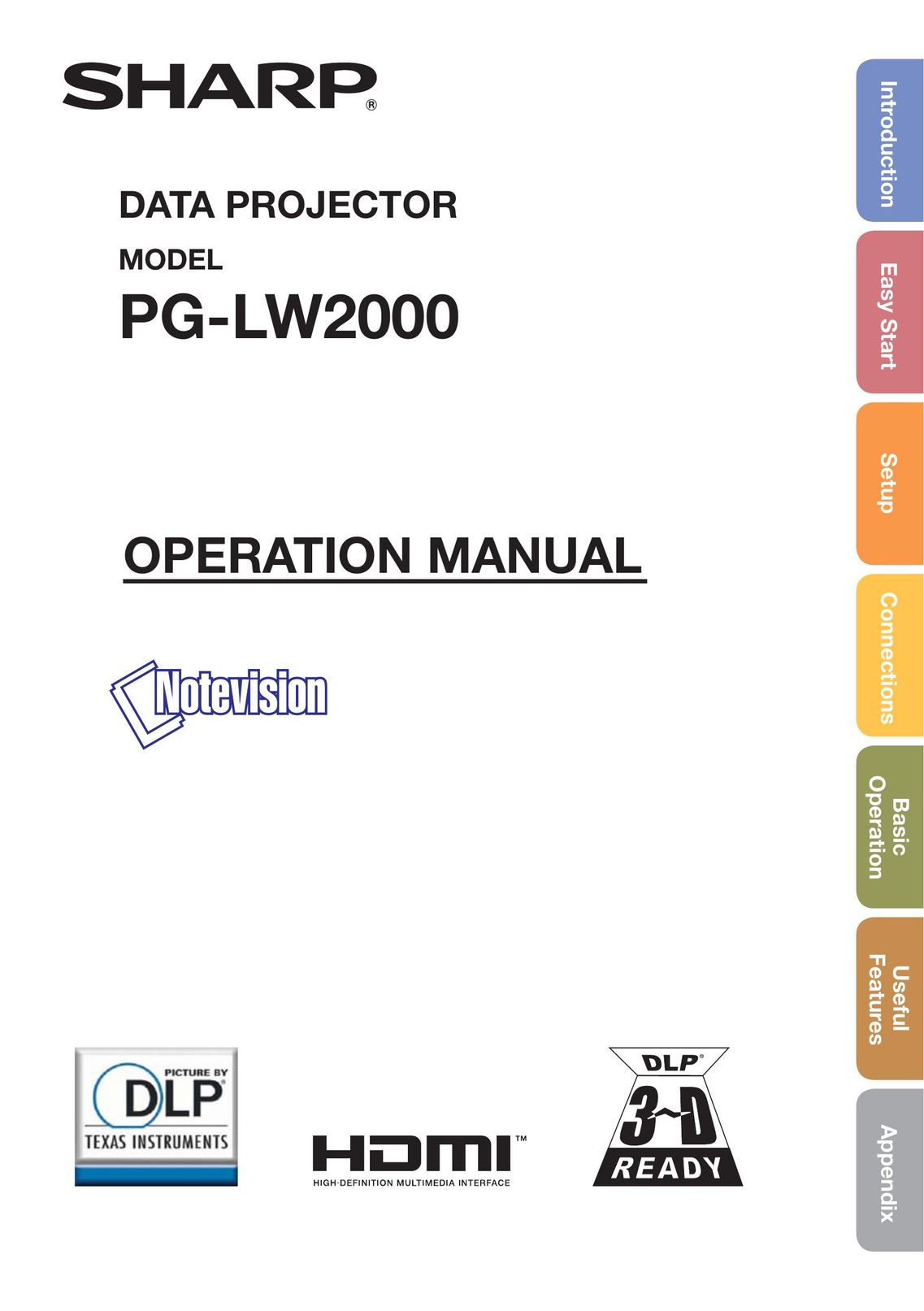 Sharp PG-LW2000 Projection Television User Manual