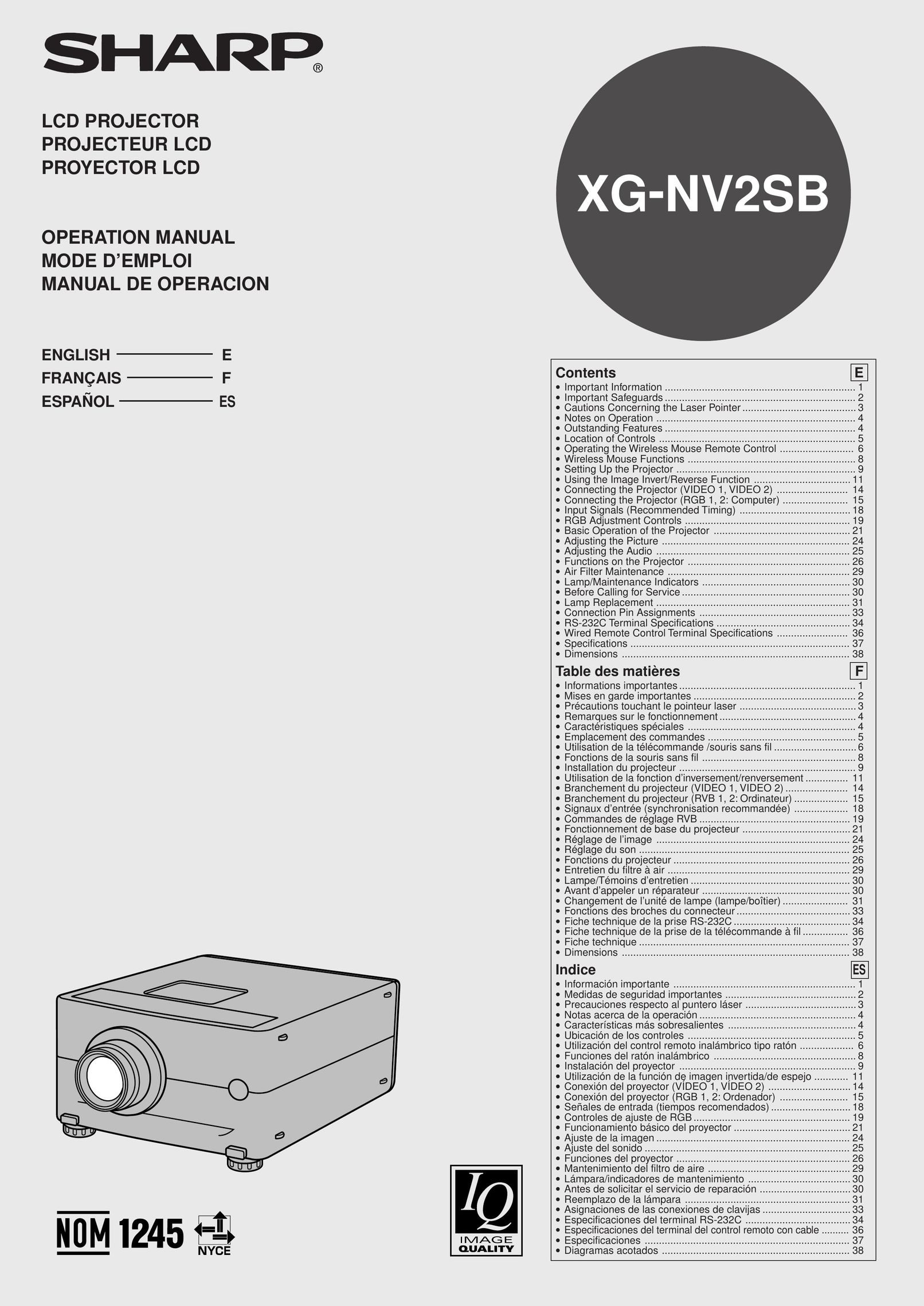Sharp XG-NV2SB Projection Television User Manual