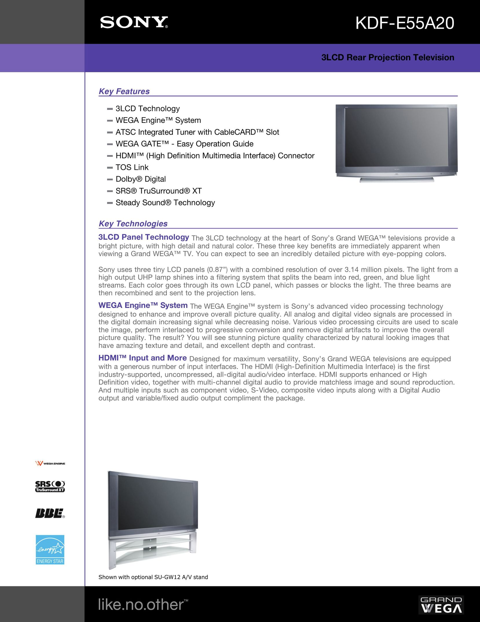 Sony KDF-E55A20 Projection Television User Manual