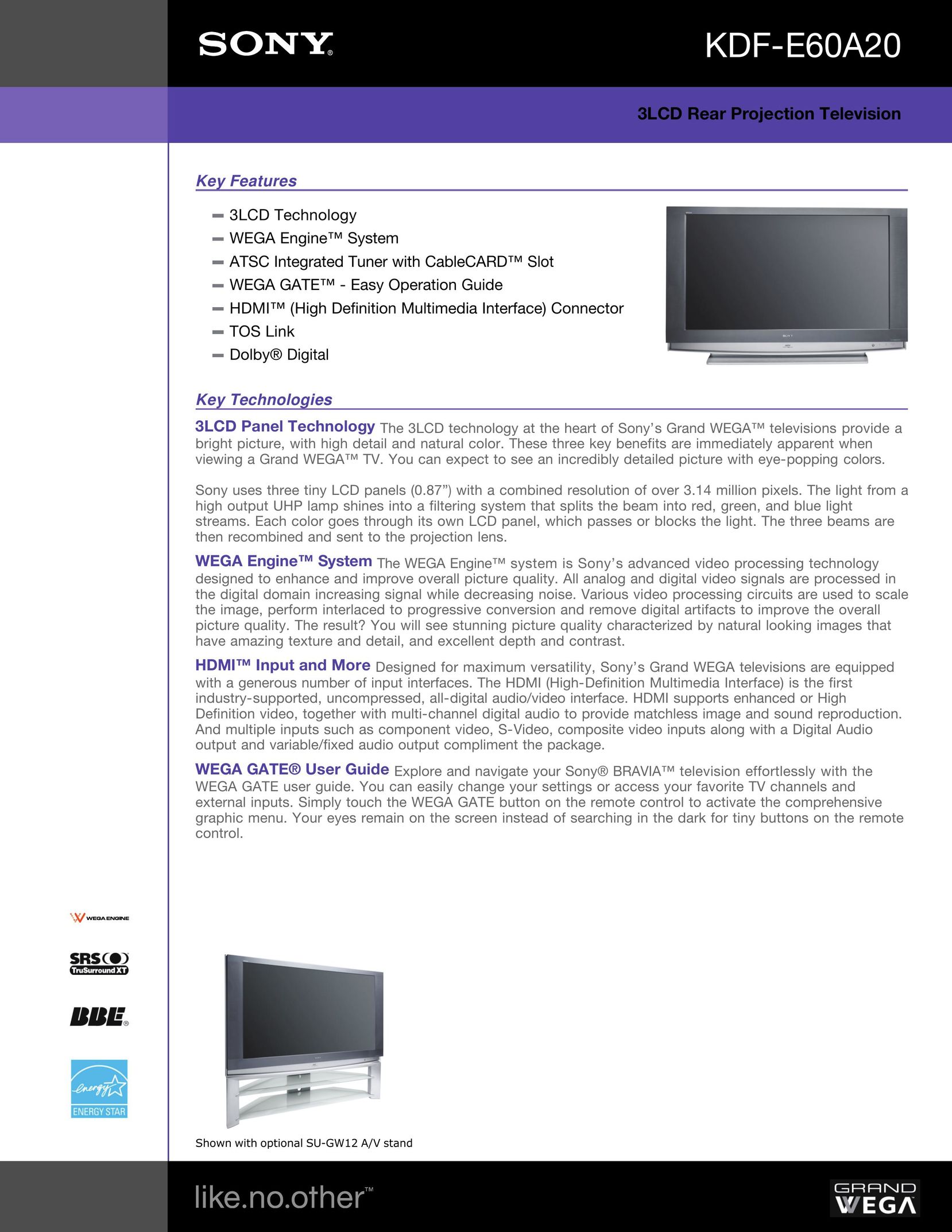 Sony KDF-E60A20 Projection Television User Manual