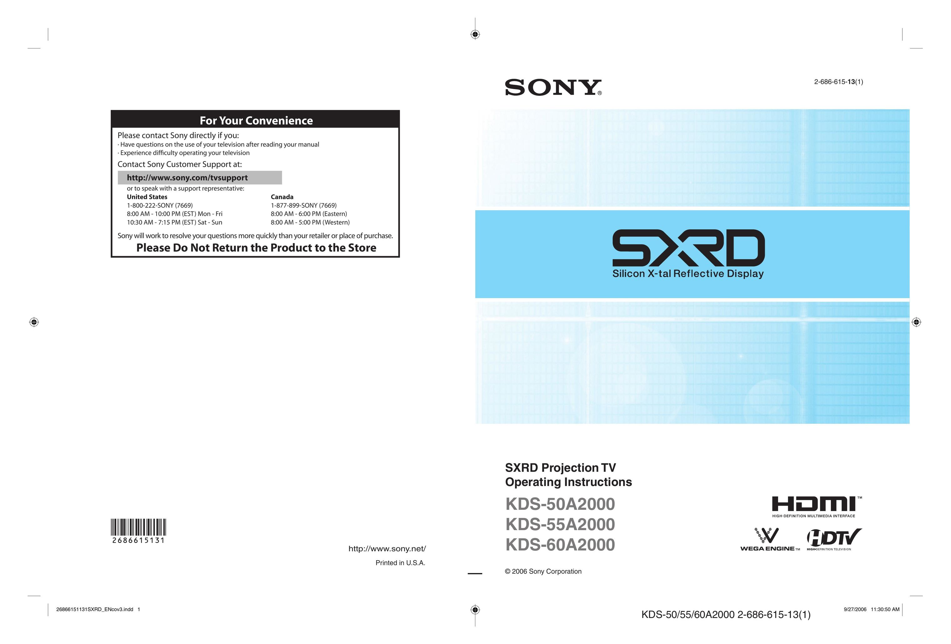 Sony KDS-50A2000 Projection Television User Manual