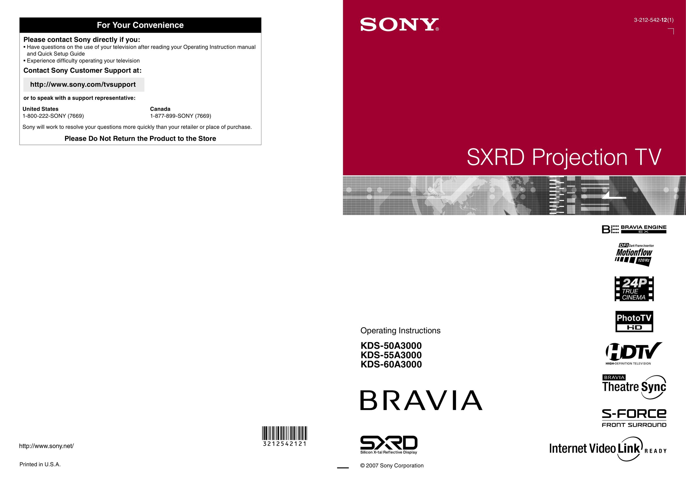 Sony KDS-50A3000, KDS-55A3000, KDS-60A3000 Projection Television User Manual
