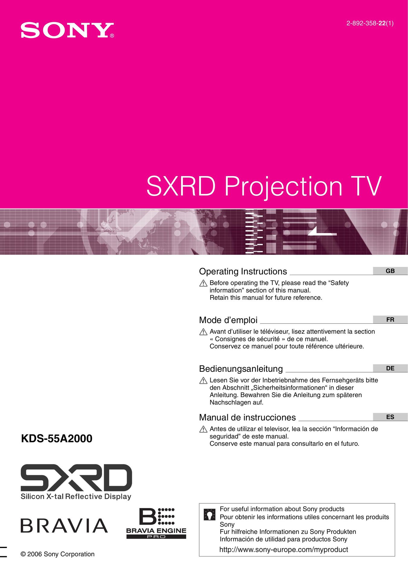 Sony KDS-70R2000 Projection Television User Manual