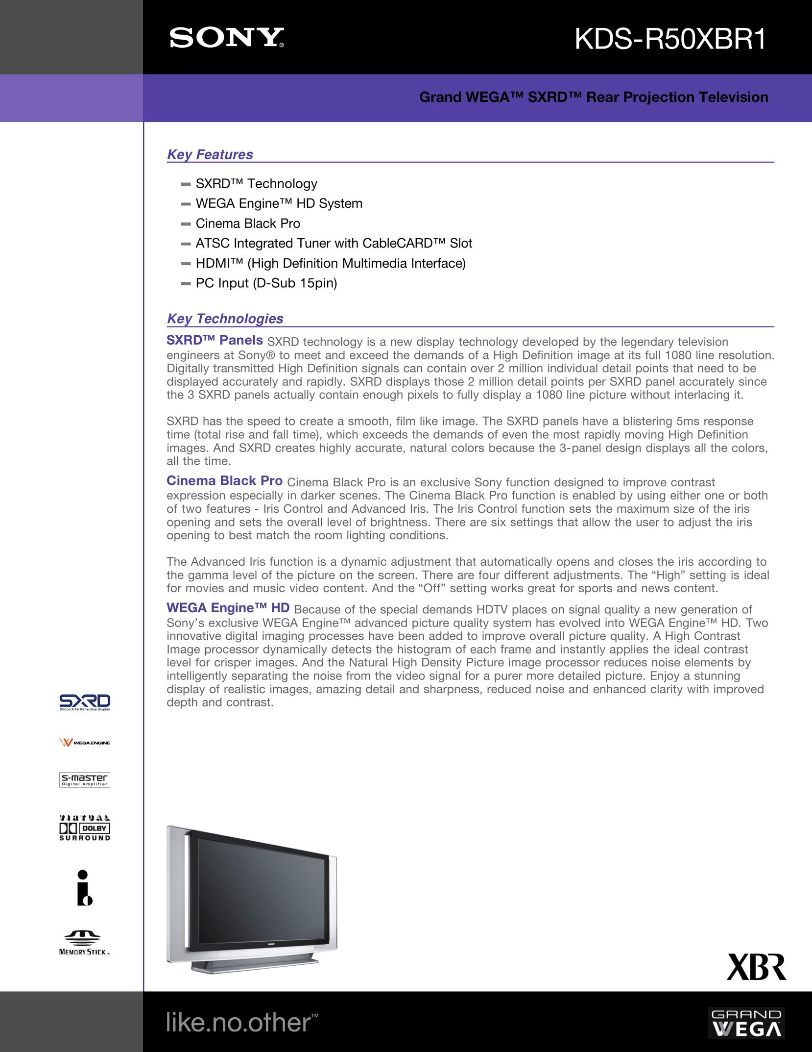 Sony KDS-R50XBR1 Projection Television User Manual