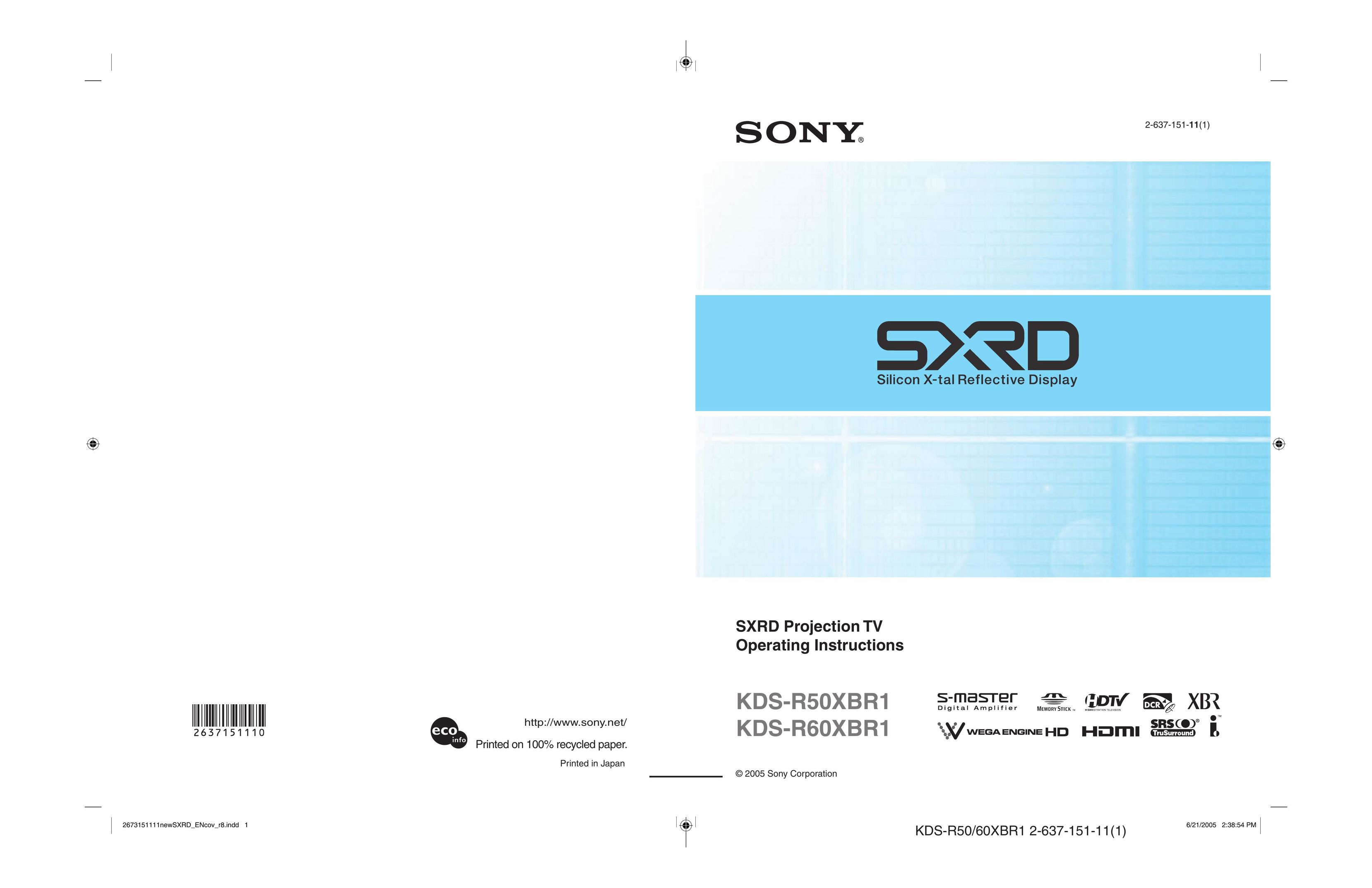 Sony KDS-R60XBR1 Projection Television User Manual