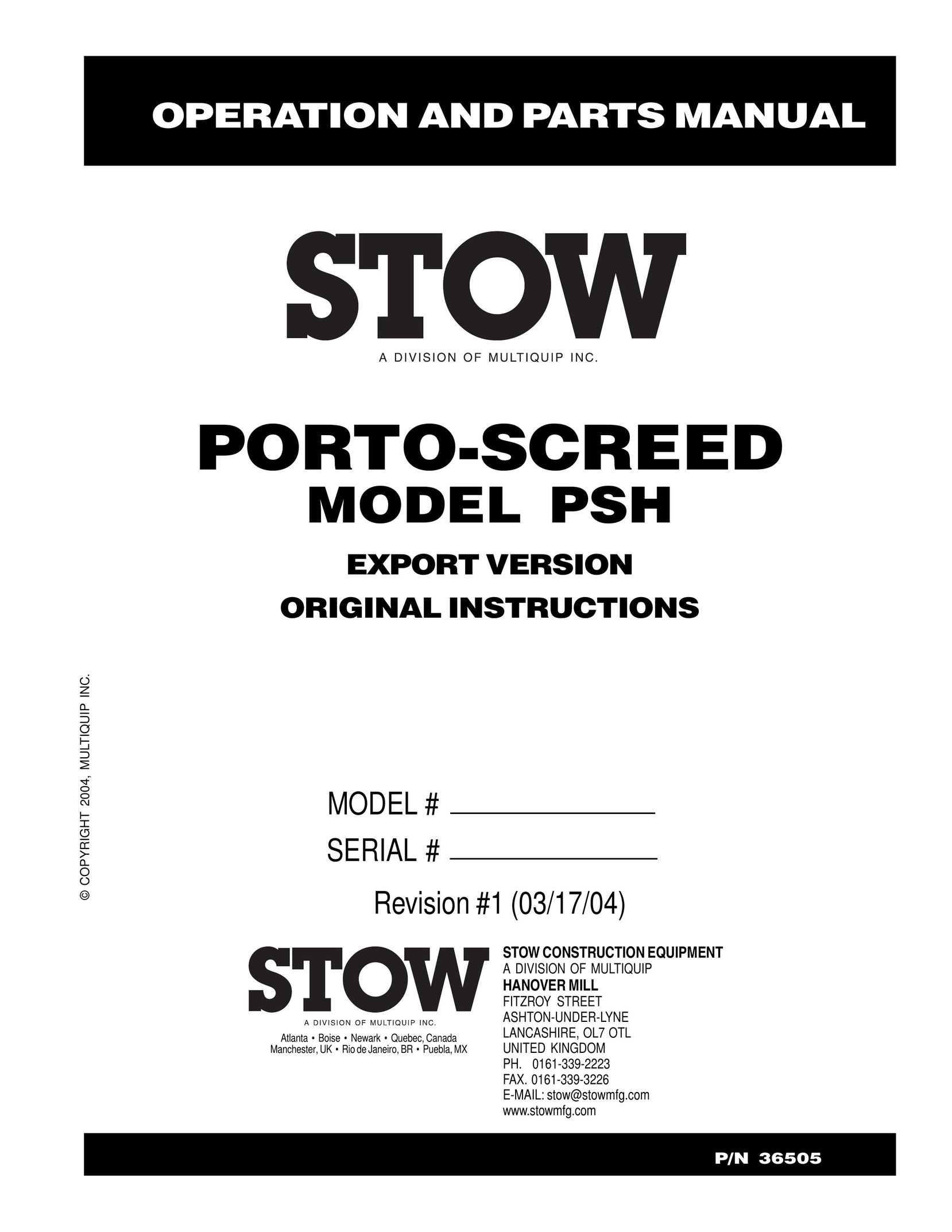 Stow PSH Projection Television User Manual