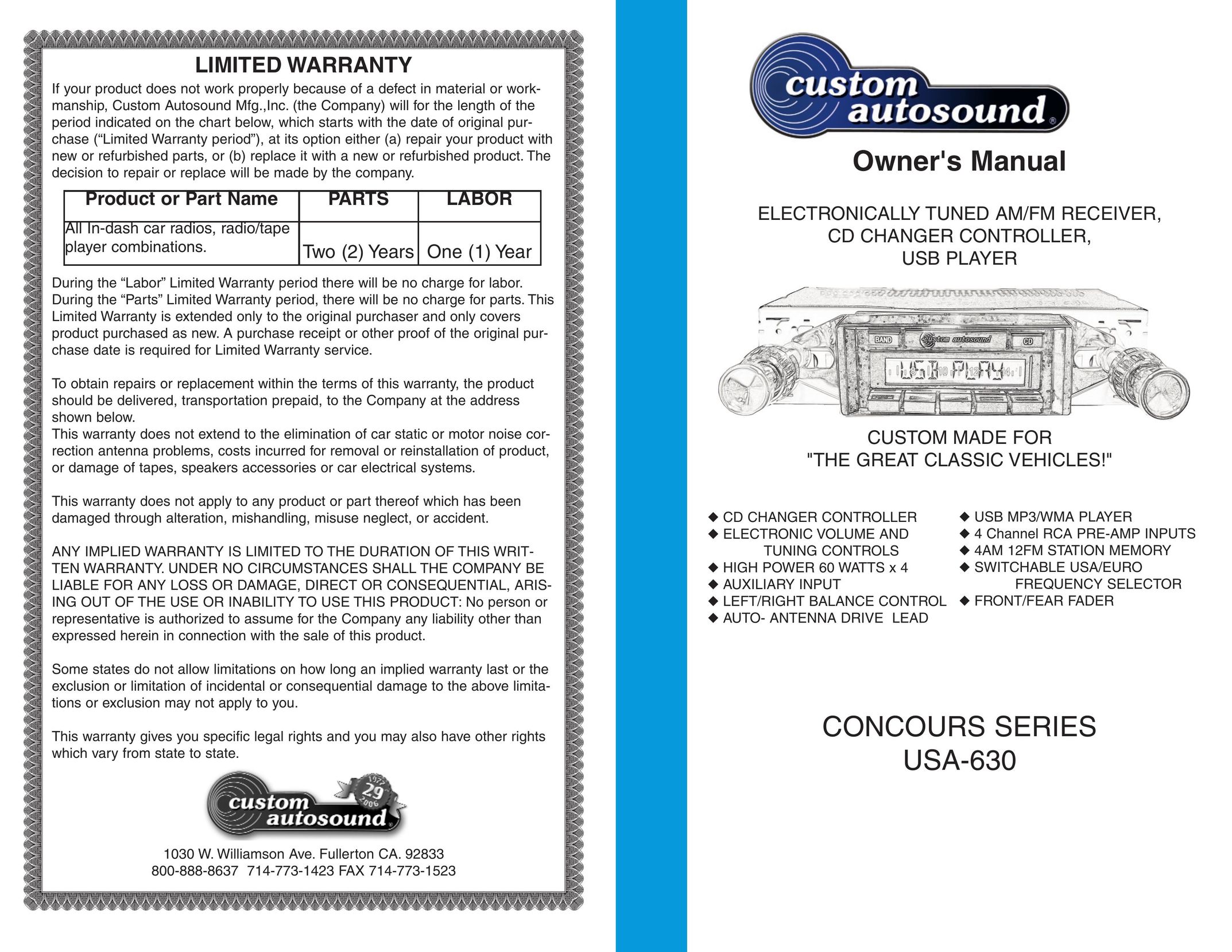 Custom Autosound Manufacturing USA-630 Satellite TV System User Manual