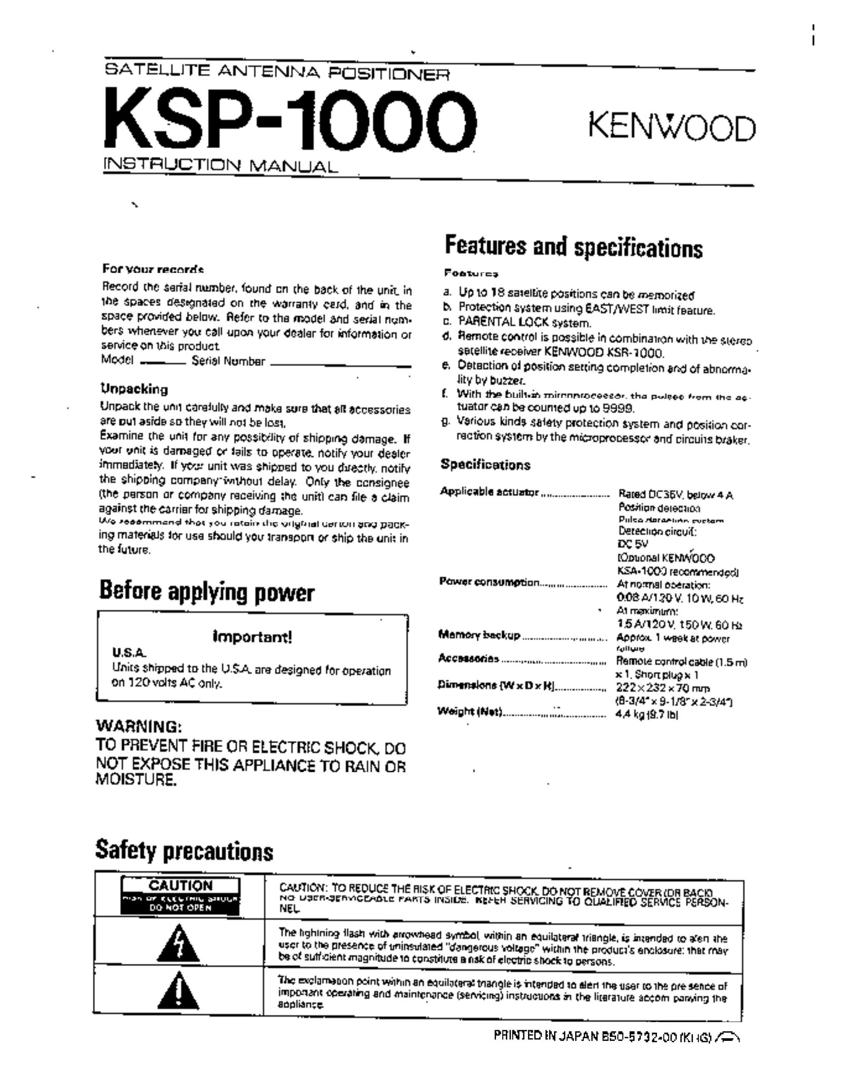 Kenwood KSP-1000 Satellite TV System User Manual