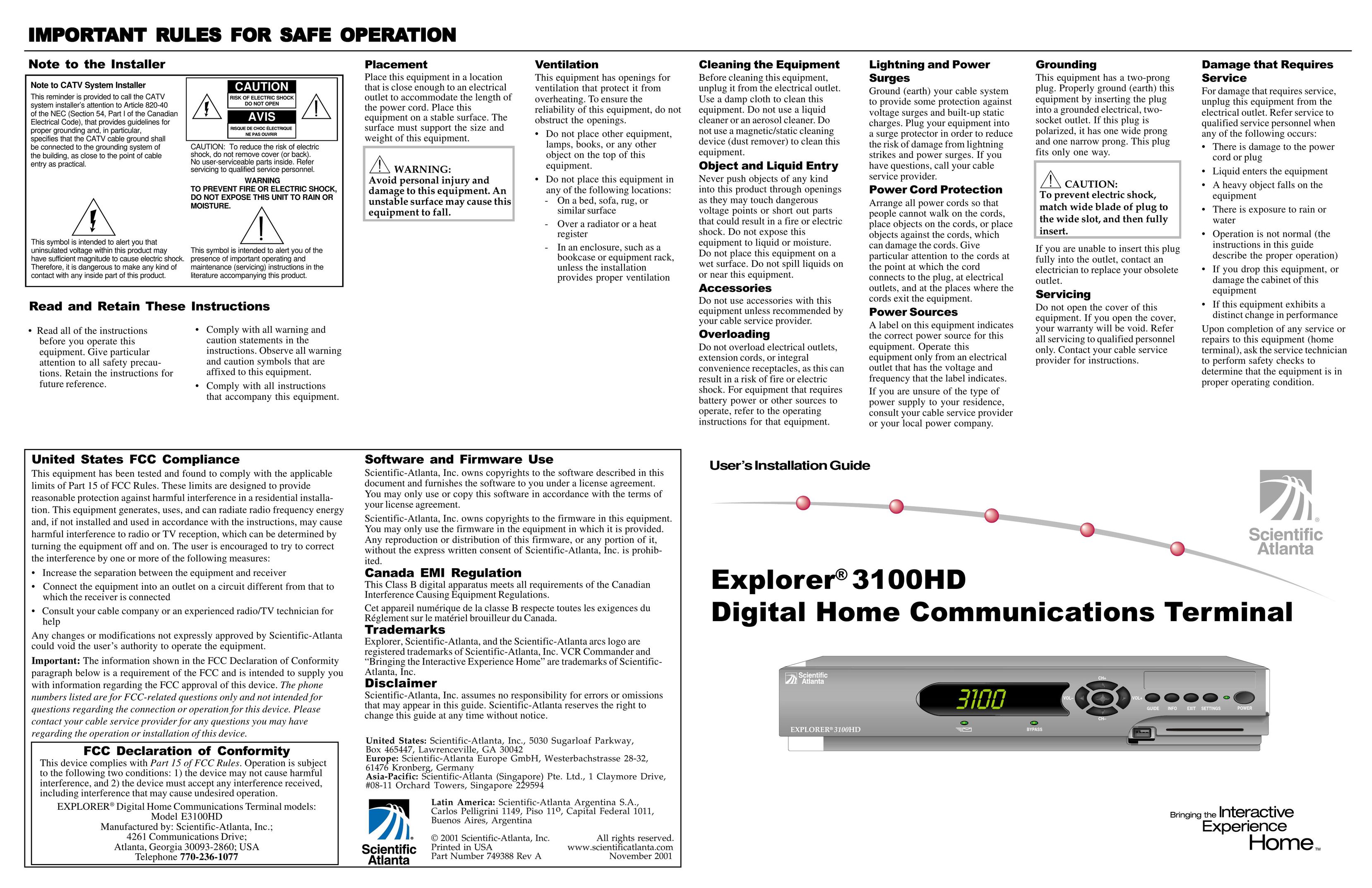 Scientific Atlanta 3100HD Satellite TV System User Manual