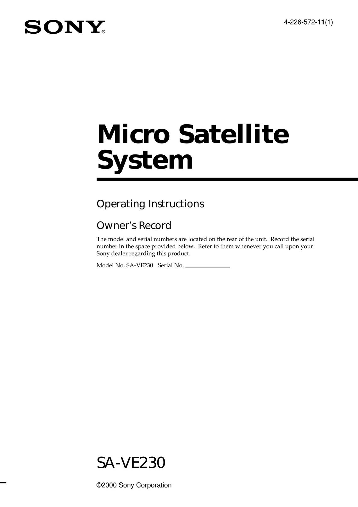 Sony SA-VE230 Satellite TV System User Manual
