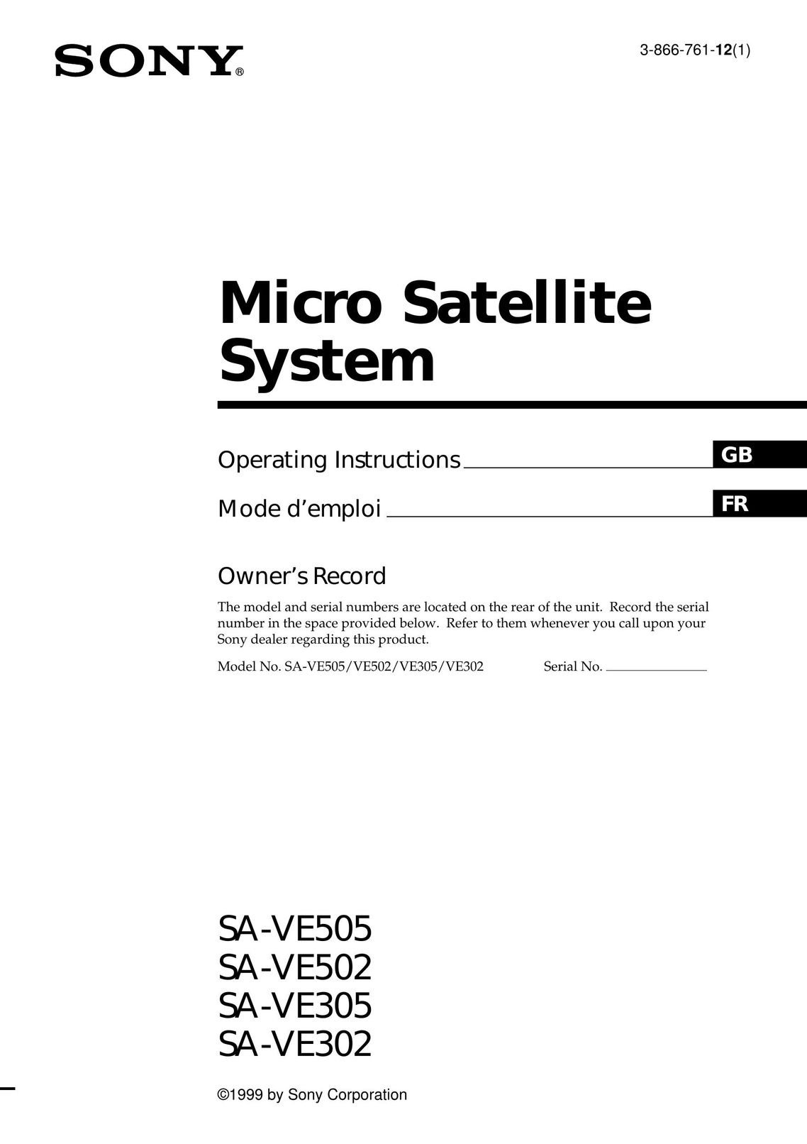 Sony SA-VE302 Satellite TV System User Manual
