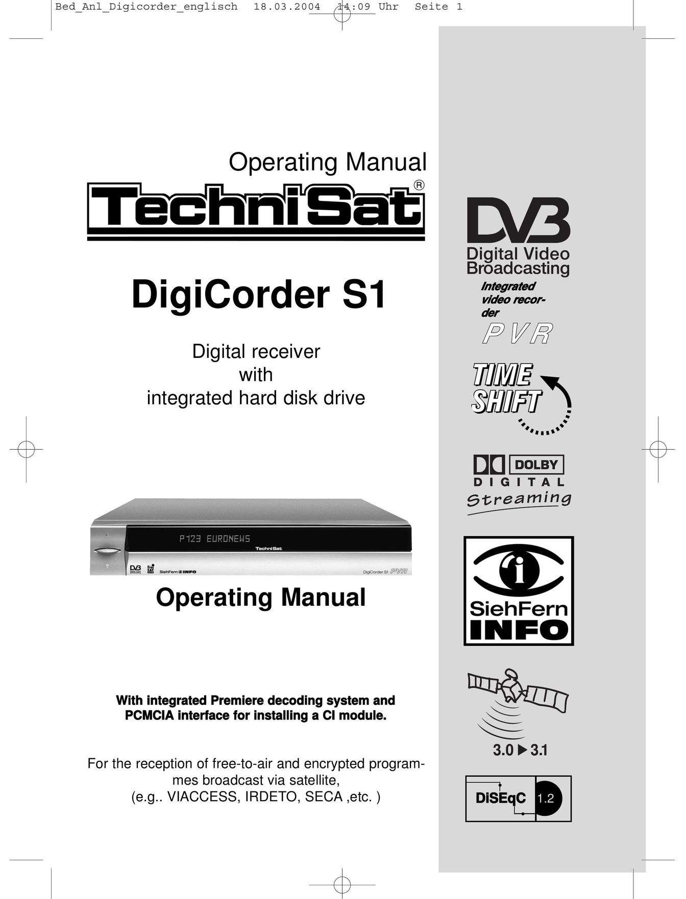 TechniSat DigiCorder S1 Satellite TV System User Manual