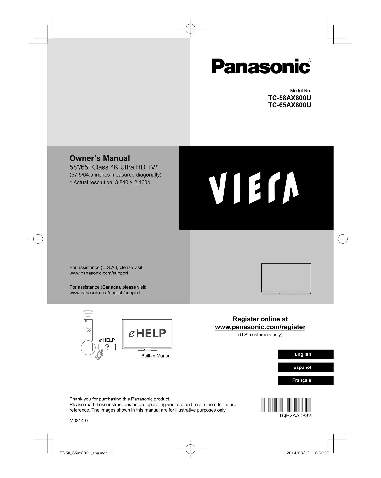 Panasonic TC-58AX800U TV Antenna User Manual