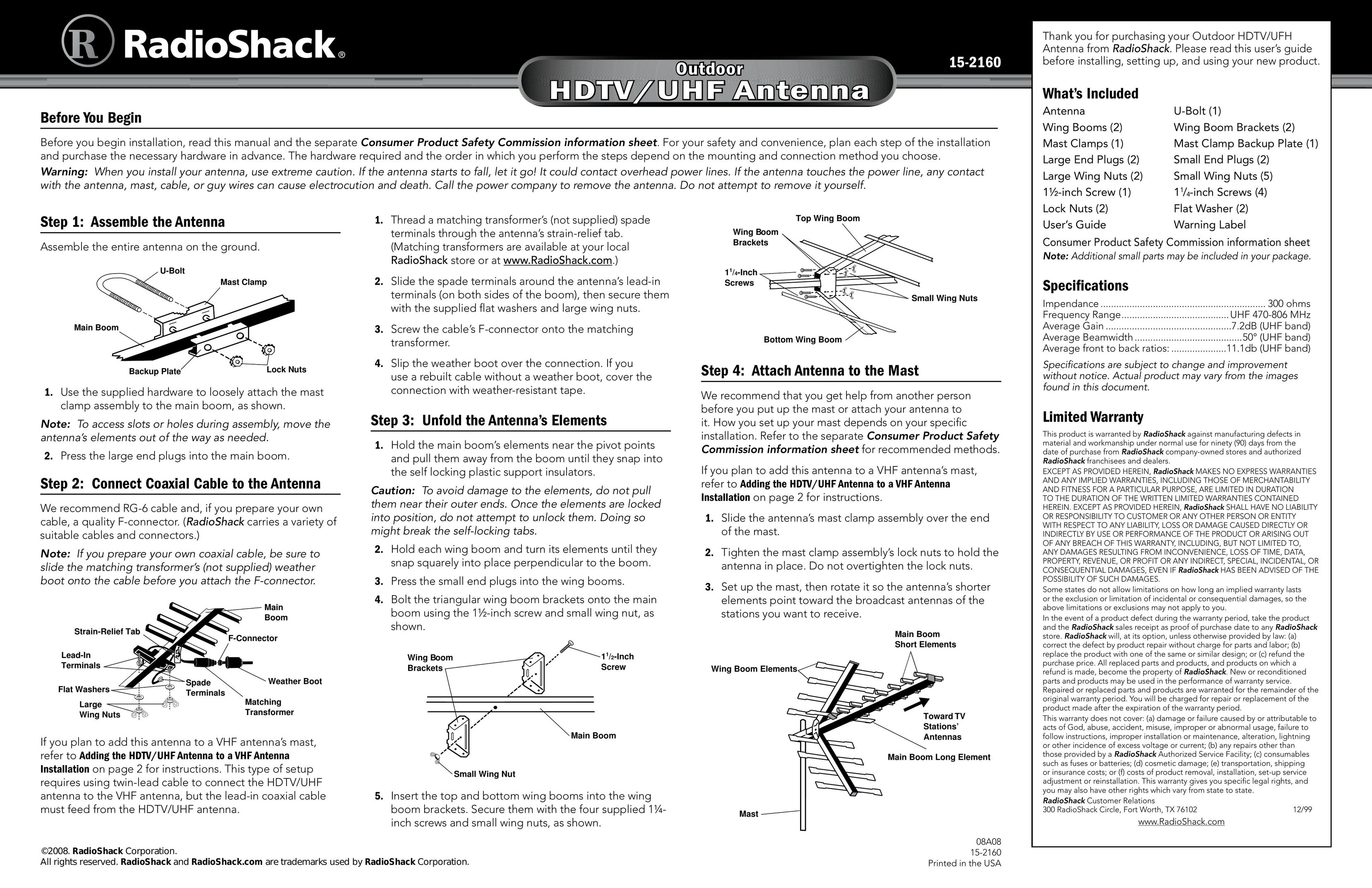 Radio Shack 15-2160 TV Antenna User Manual