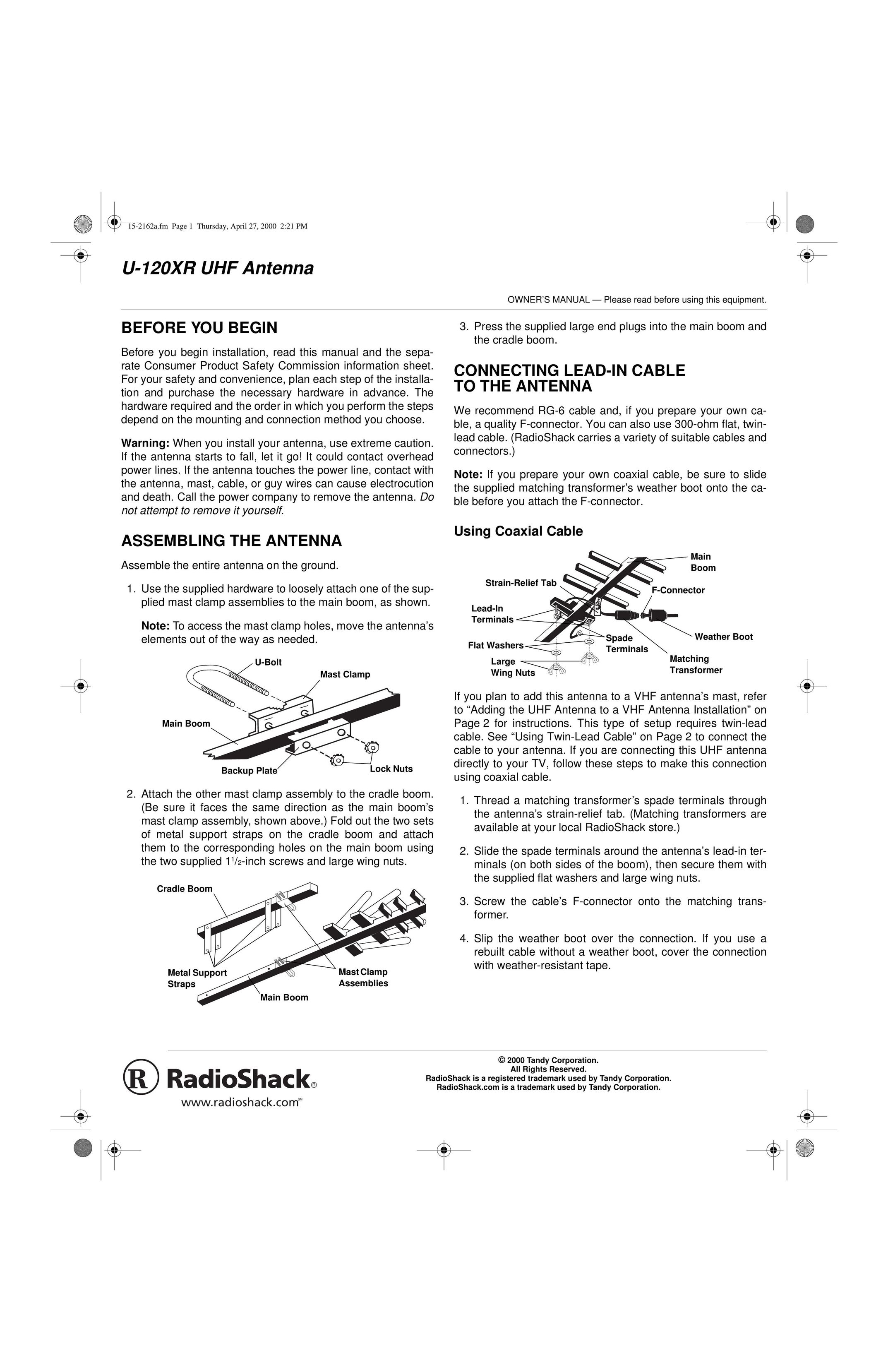 Radio Shack U-120XR TV Antenna User Manual
