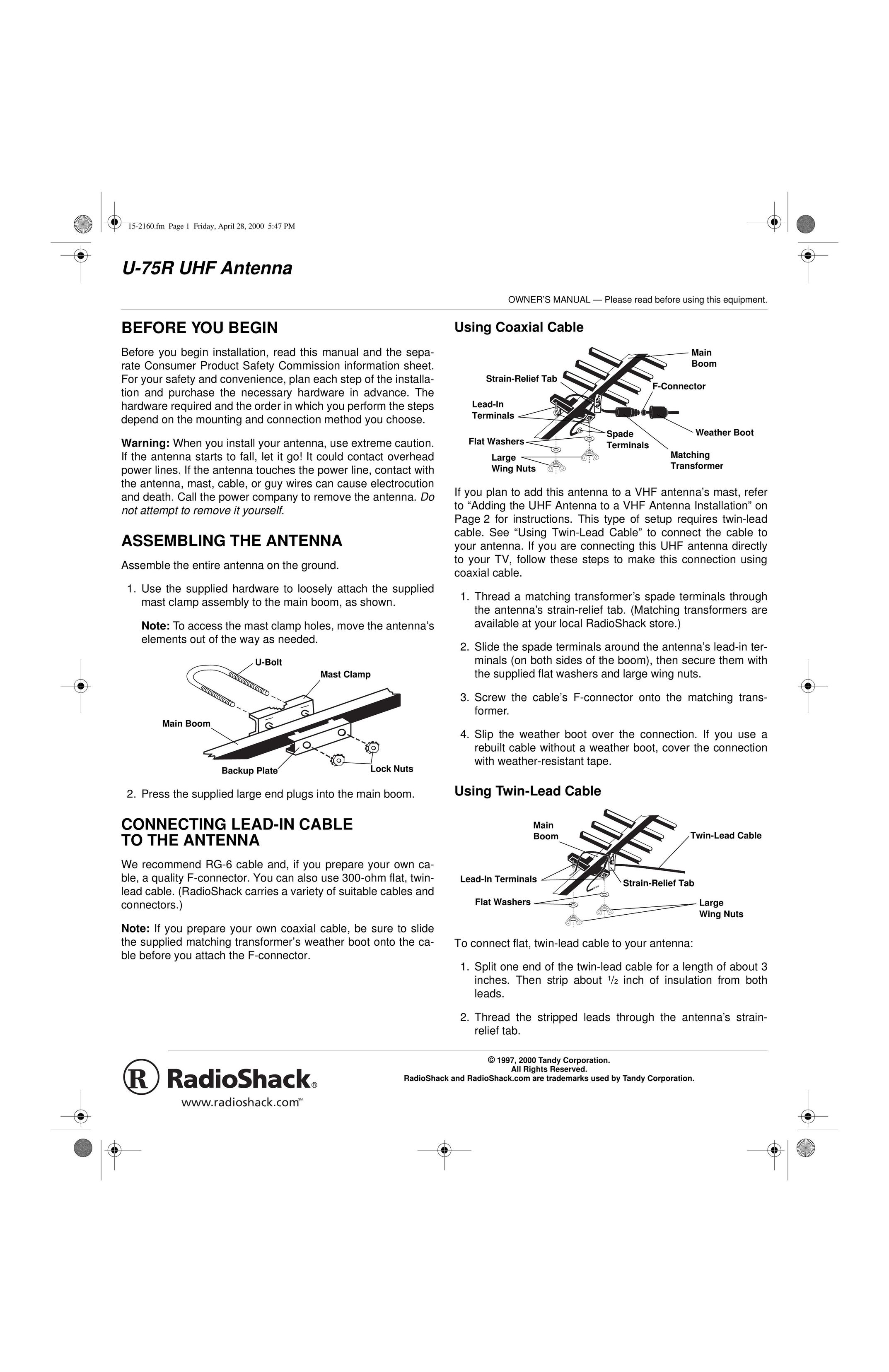 Radio Shack U-75R TV Antenna User Manual