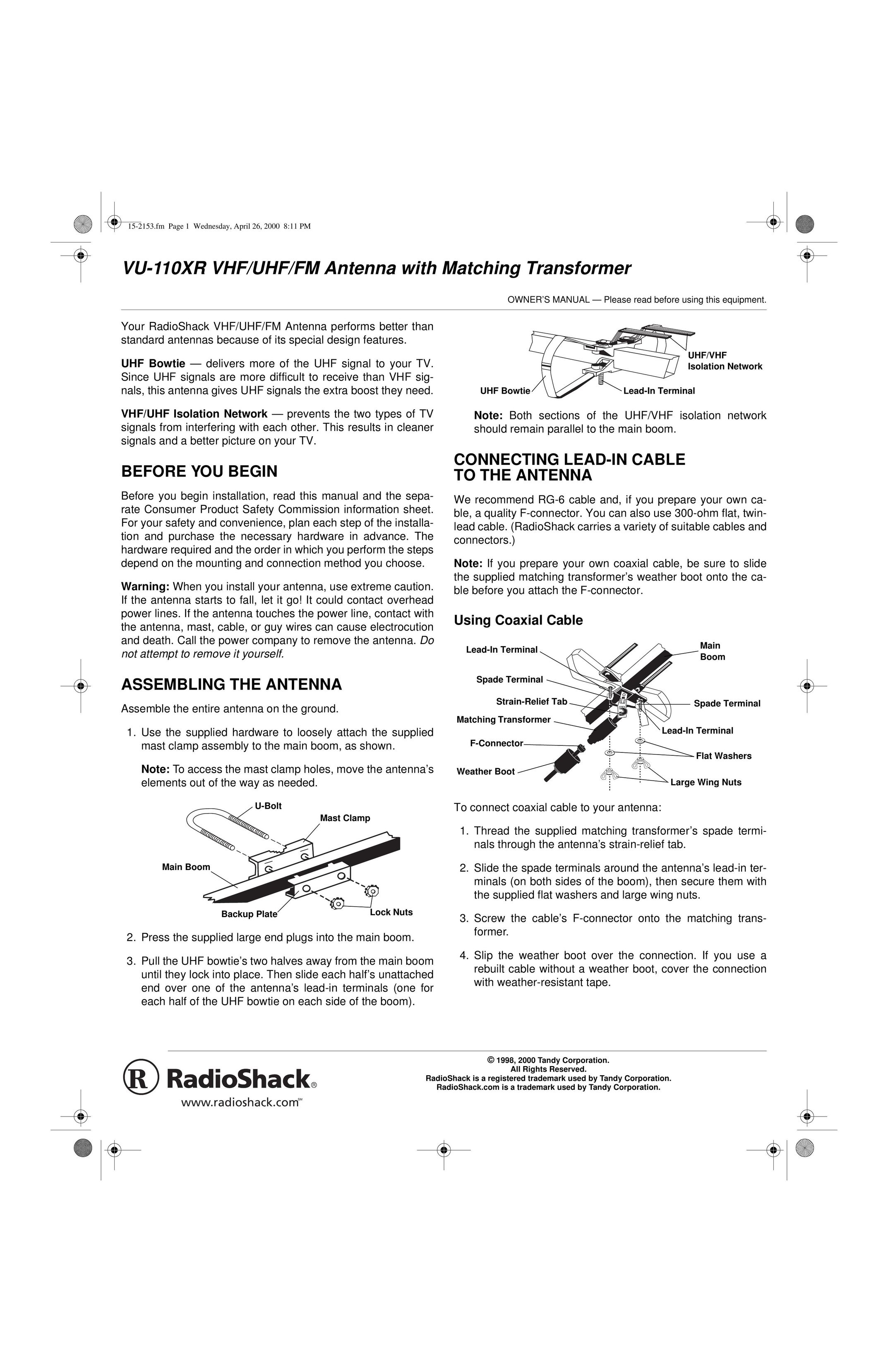 Radio Shack VU-110XR TV Antenna User Manual