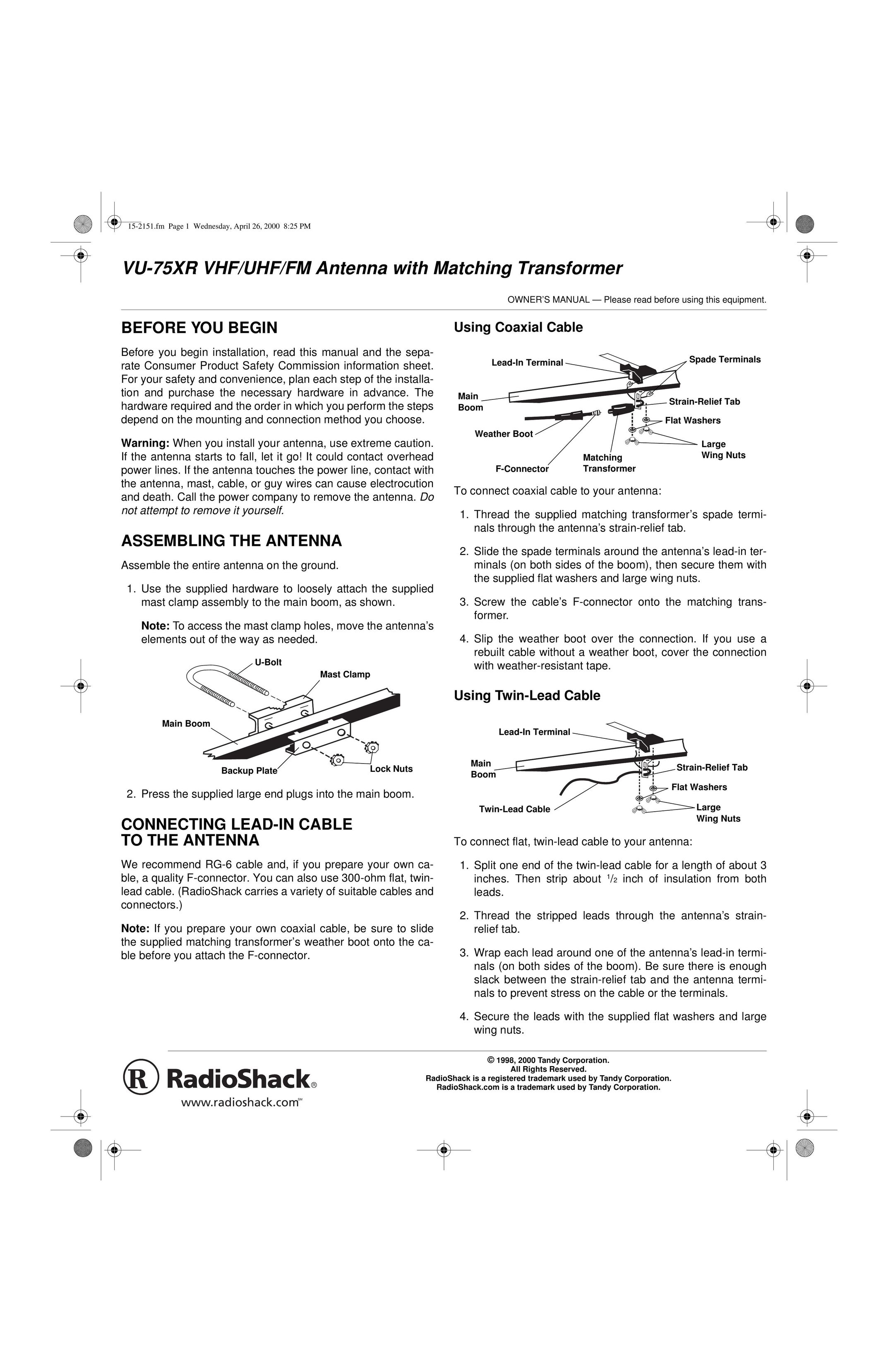 Radio Shack VU-75XR TV Antenna User Manual