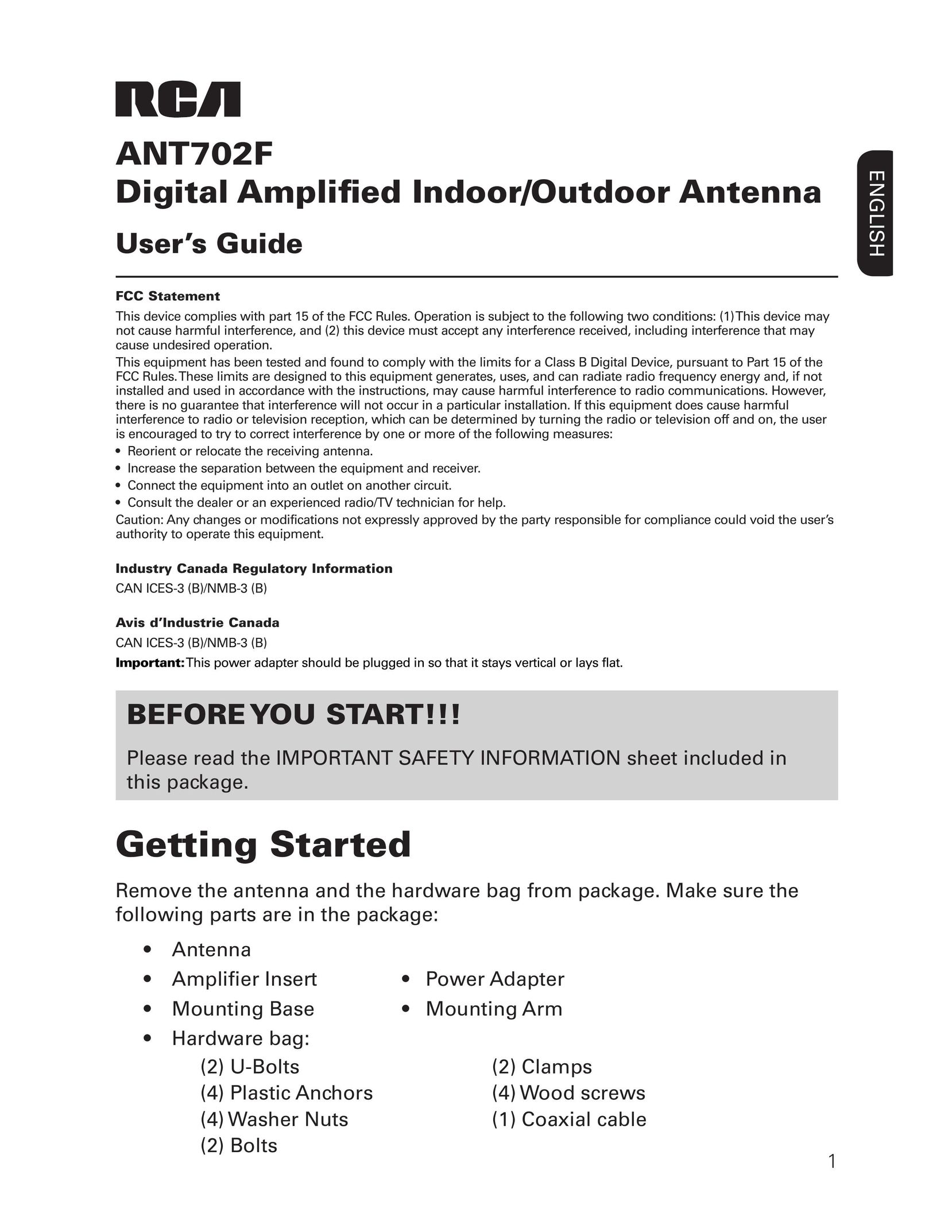 RCA ANT702F TV Antenna User Manual