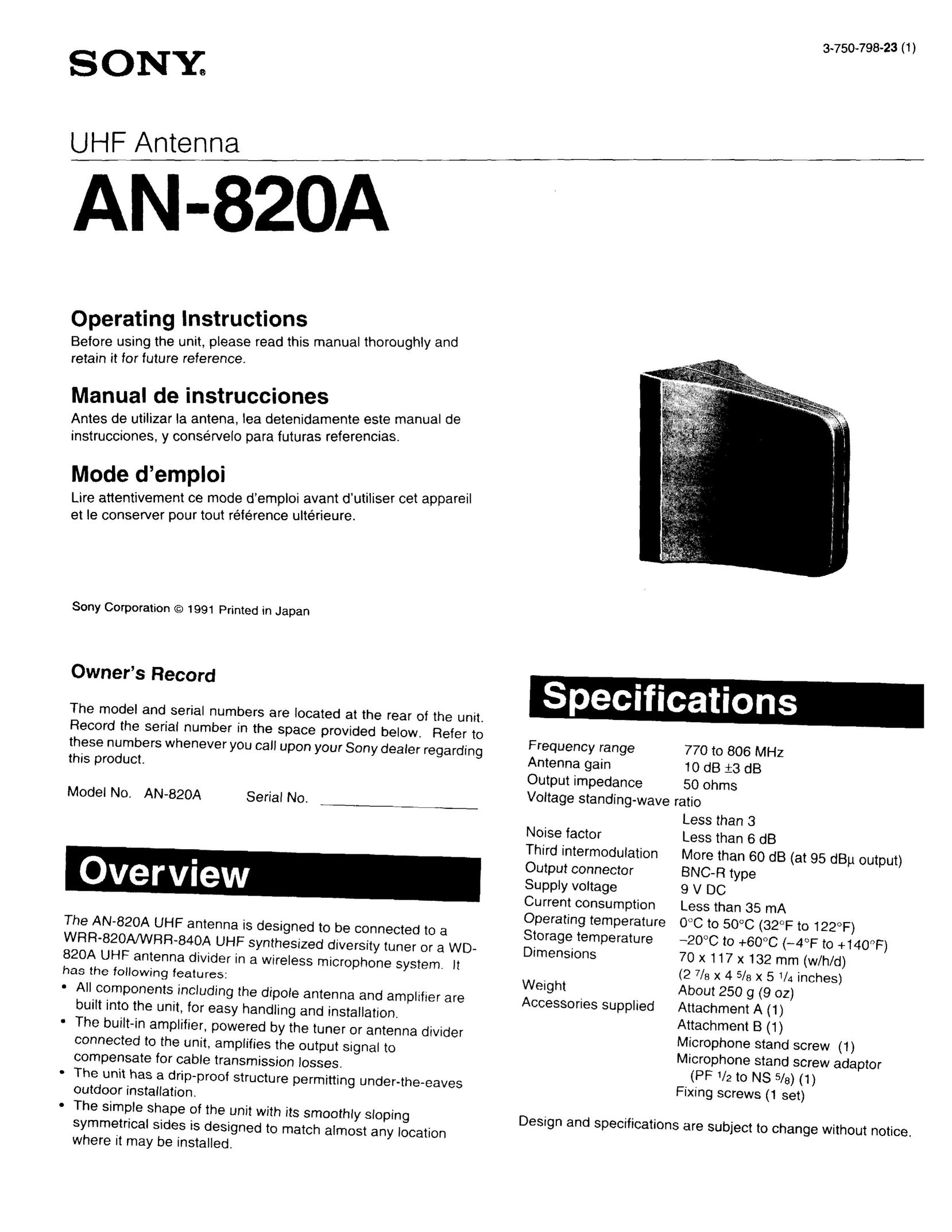 Sony AN-820A TV Antenna User Manual