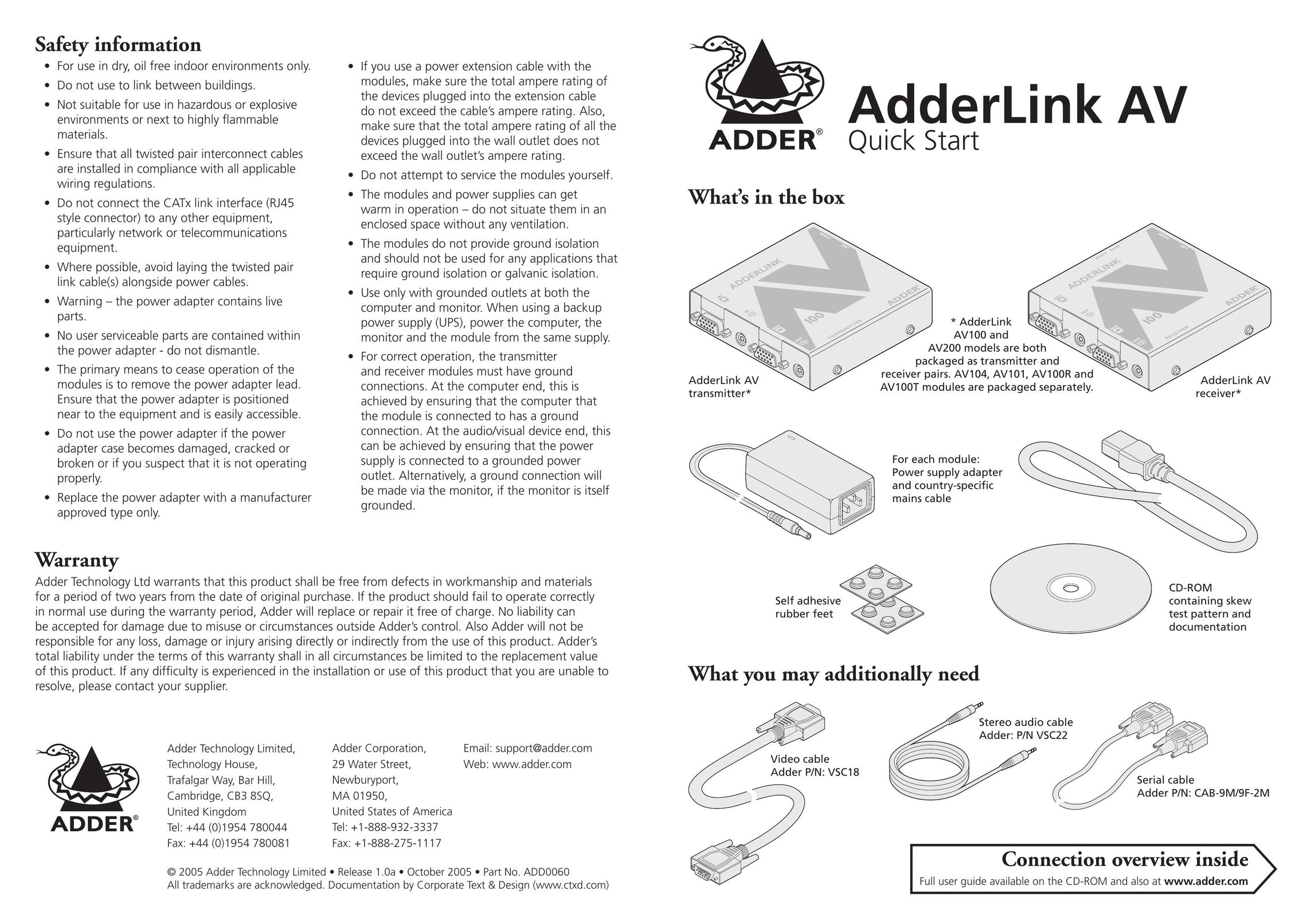 Adder Technology AV TV Cables User Manual