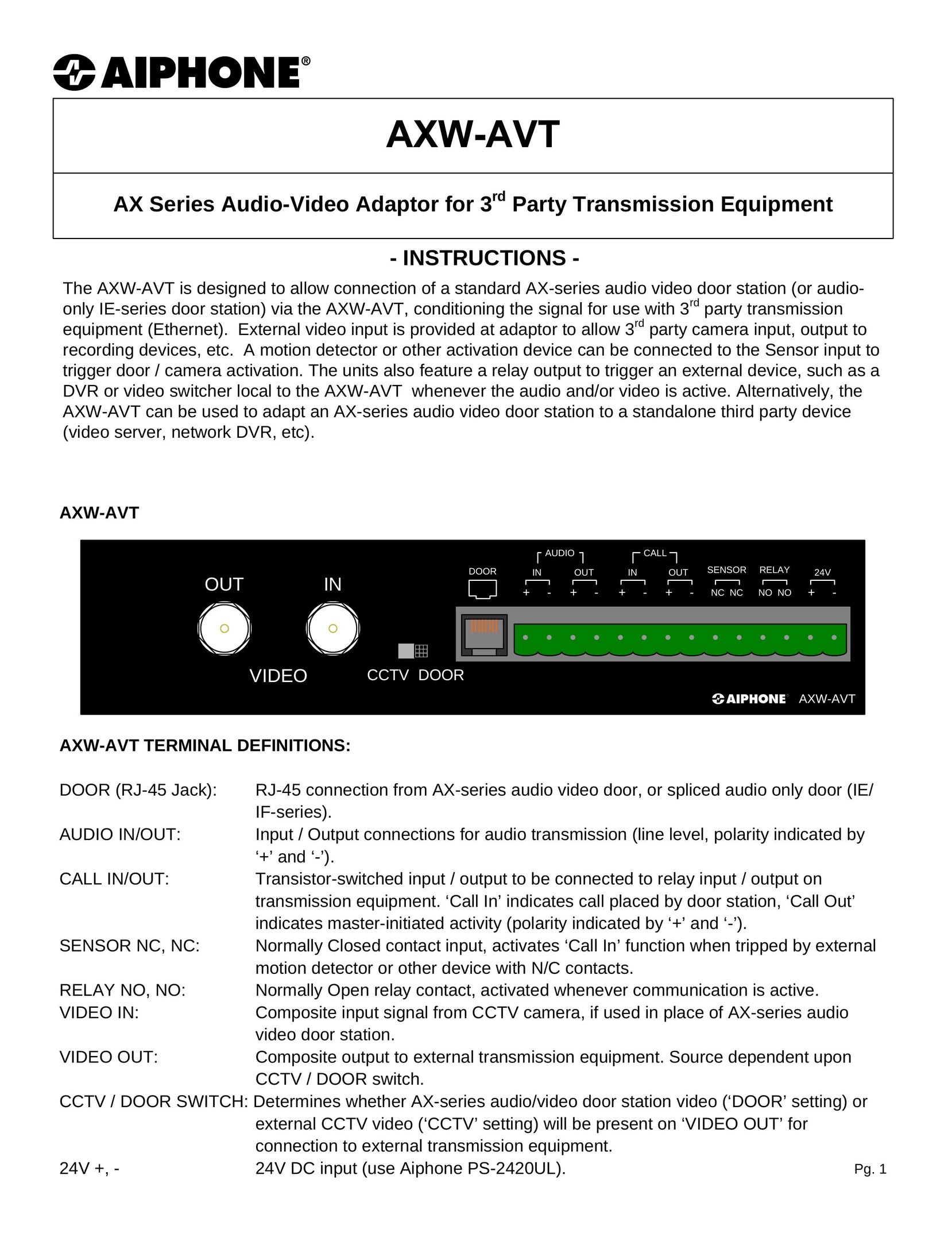 Aiphone AXW-AVT TV Cables User Manual