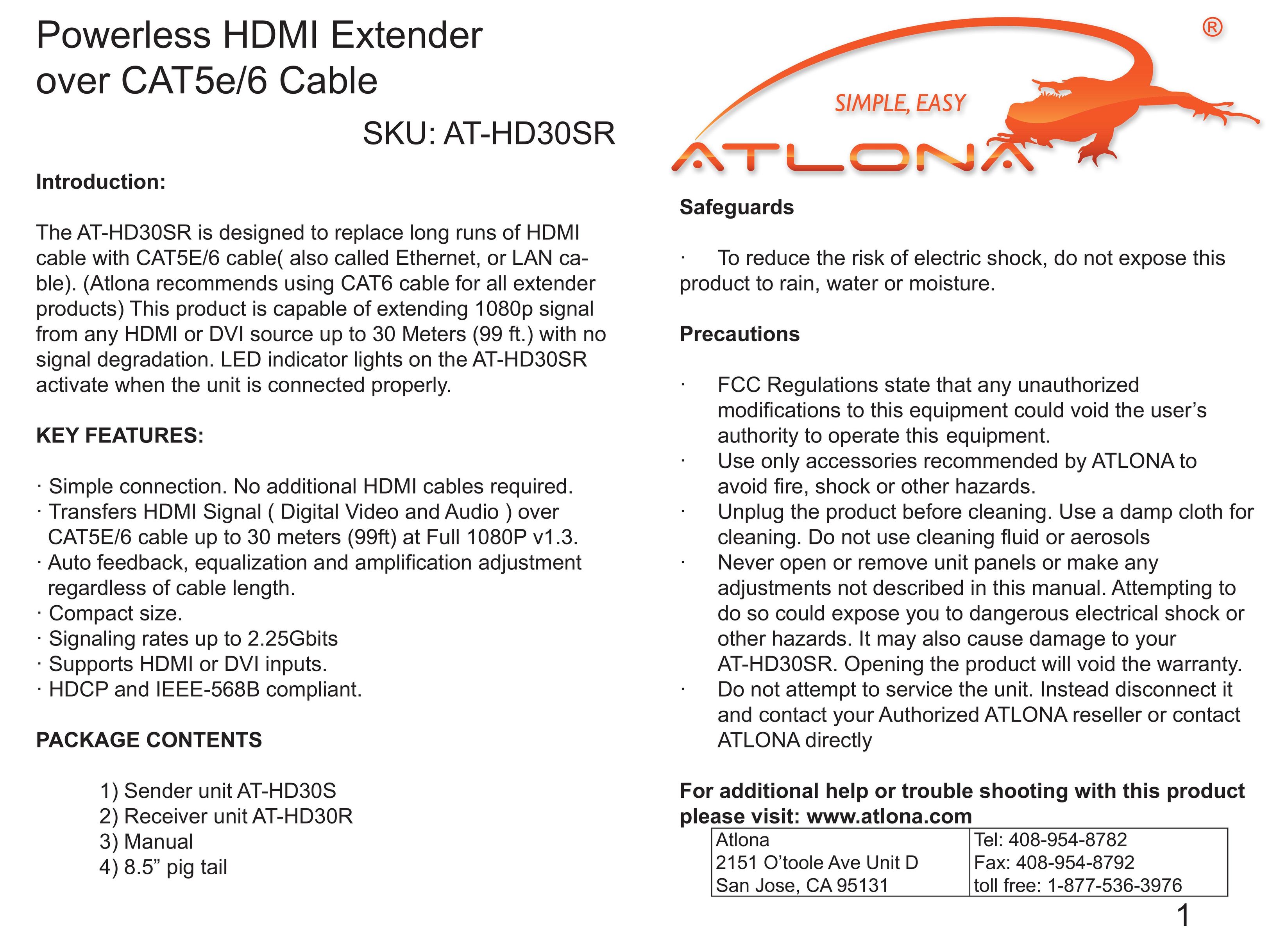 Atlona AT-HD30SR TV Cables User Manual