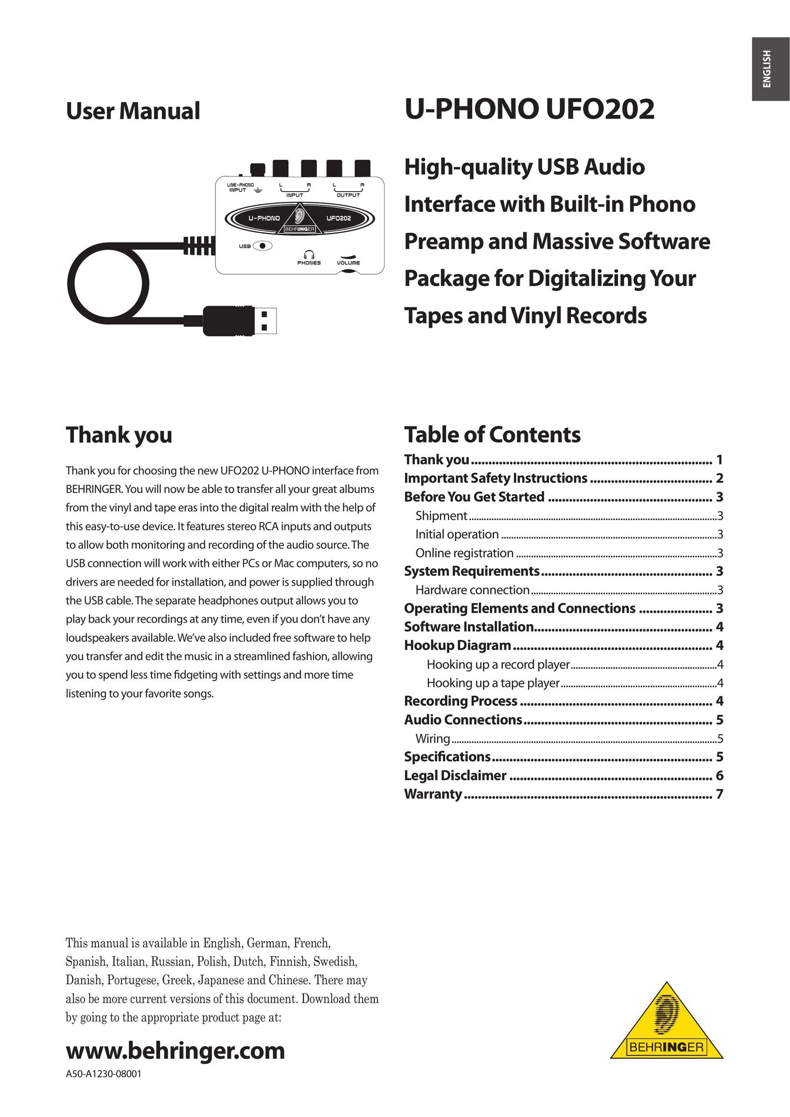 Behringer U-PHONO TV Cables User Manual