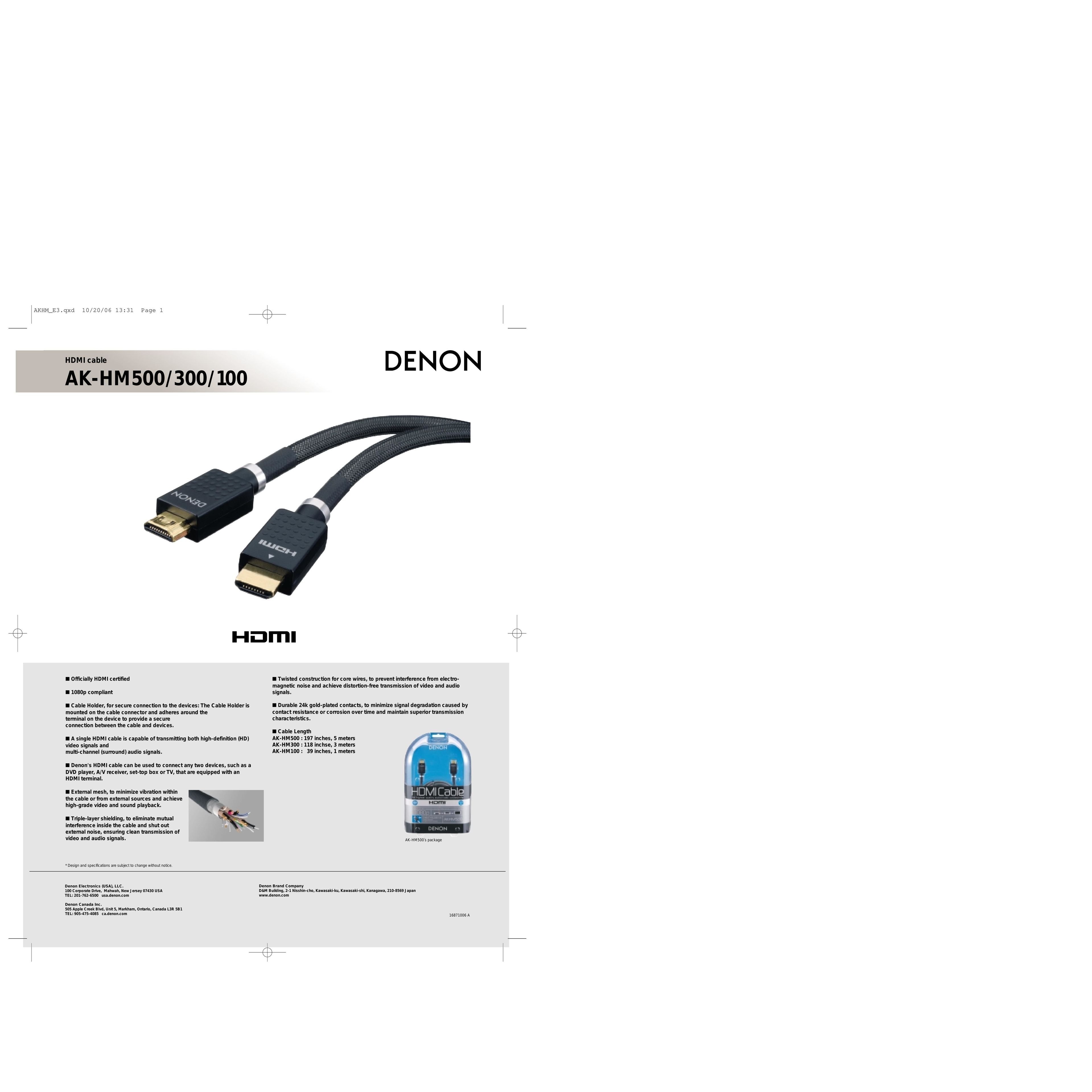 Denon AK-HM500/300/100 TV Cables User Manual
