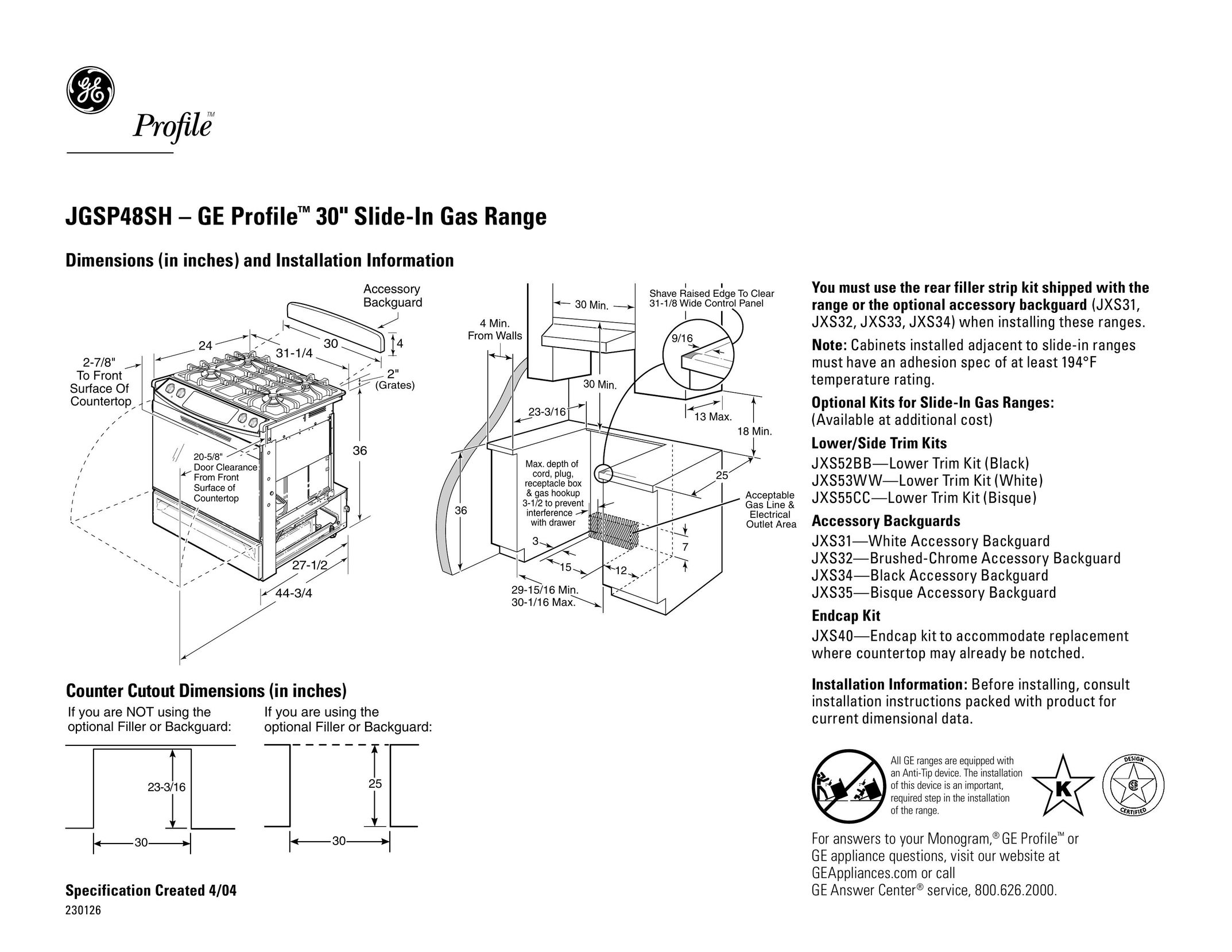 GE JGSP48SH TV Cables User Manual