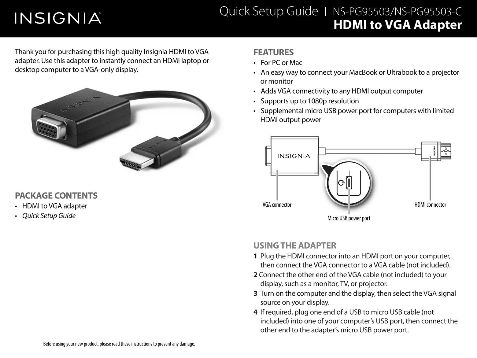 Insignia NS-PG95503 TV Cables User Manual