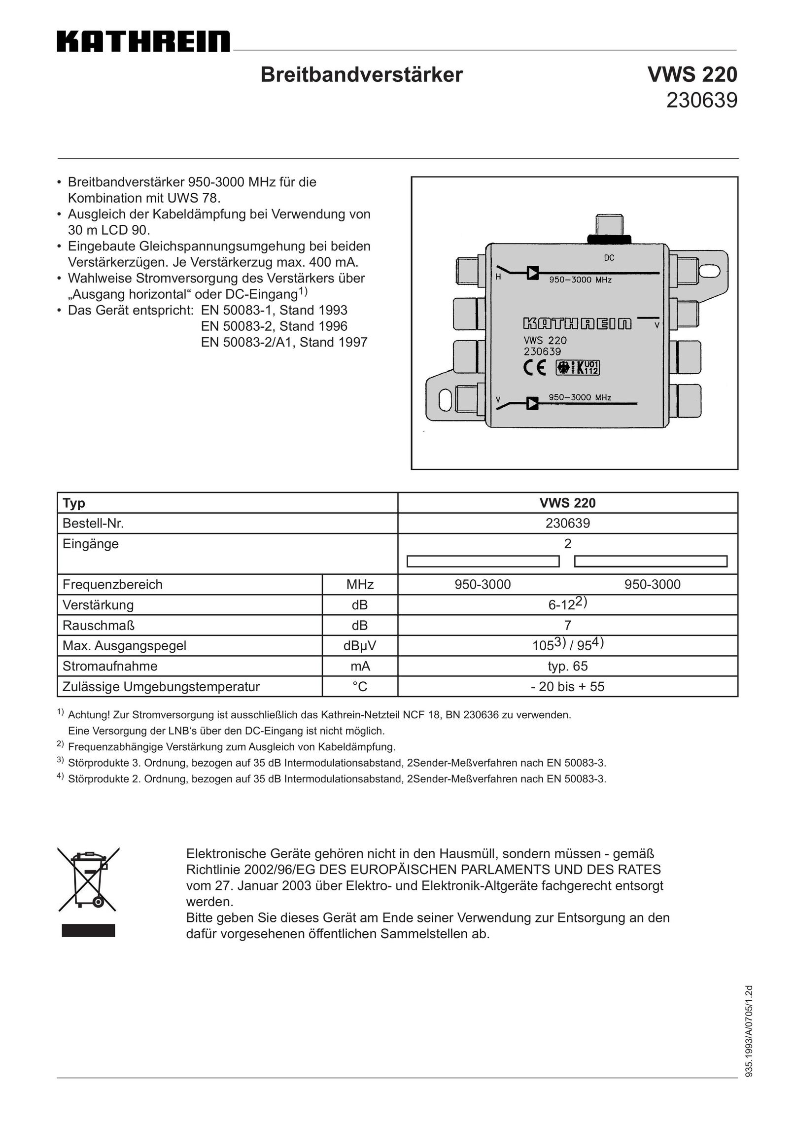 Kathrein VWS 220 TV Cables User Manual