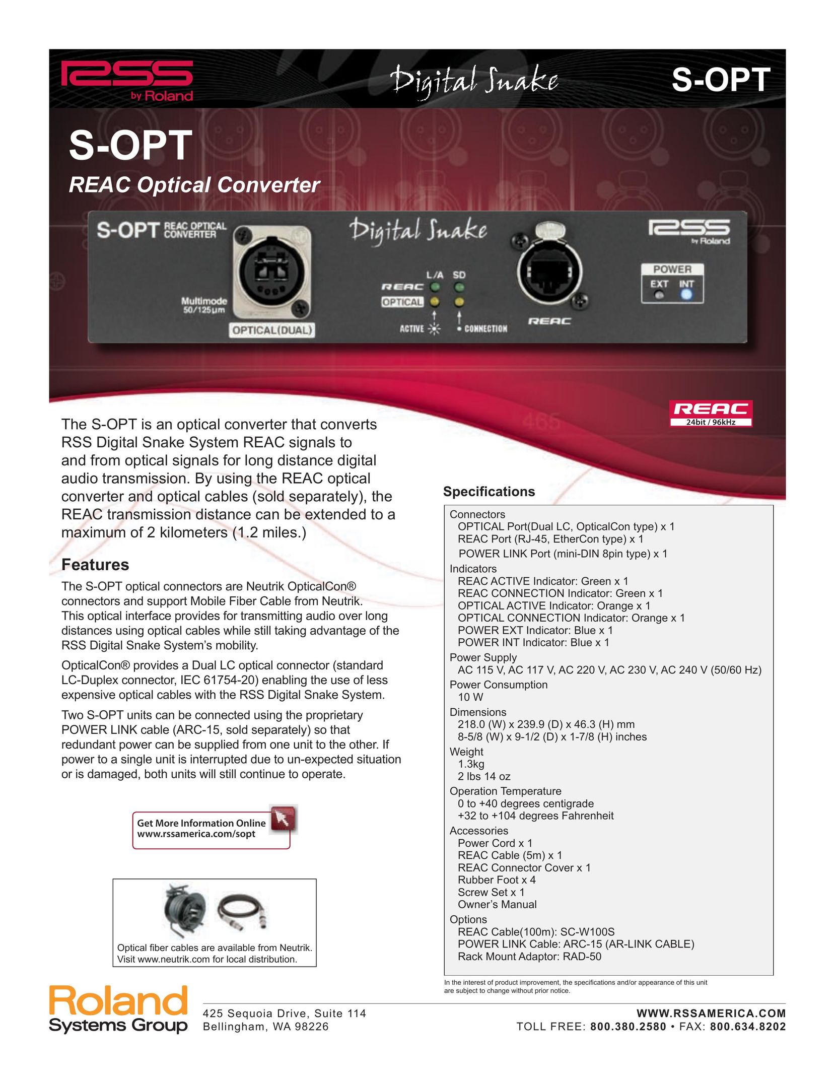 Roland S-OPT TV Cables User Manual