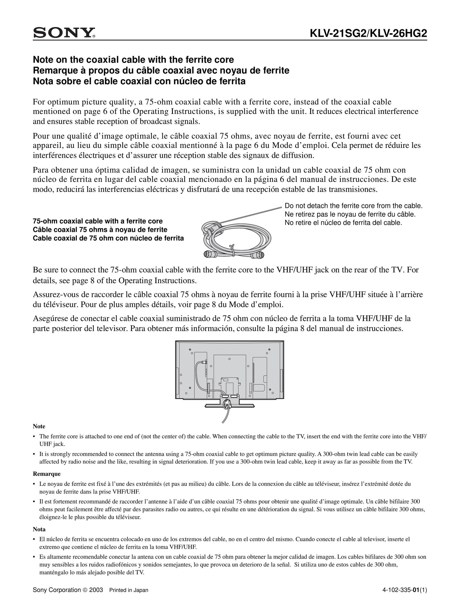 Sony KLV-26HG2 TV Cables User Manual