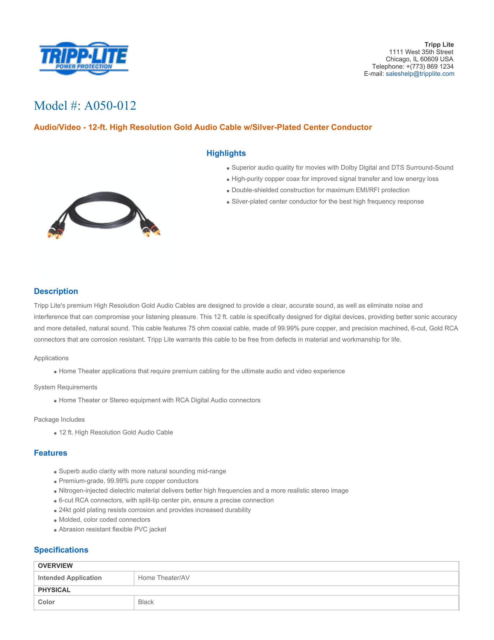 Tripp Lite A050-012 TV Cables User Manual