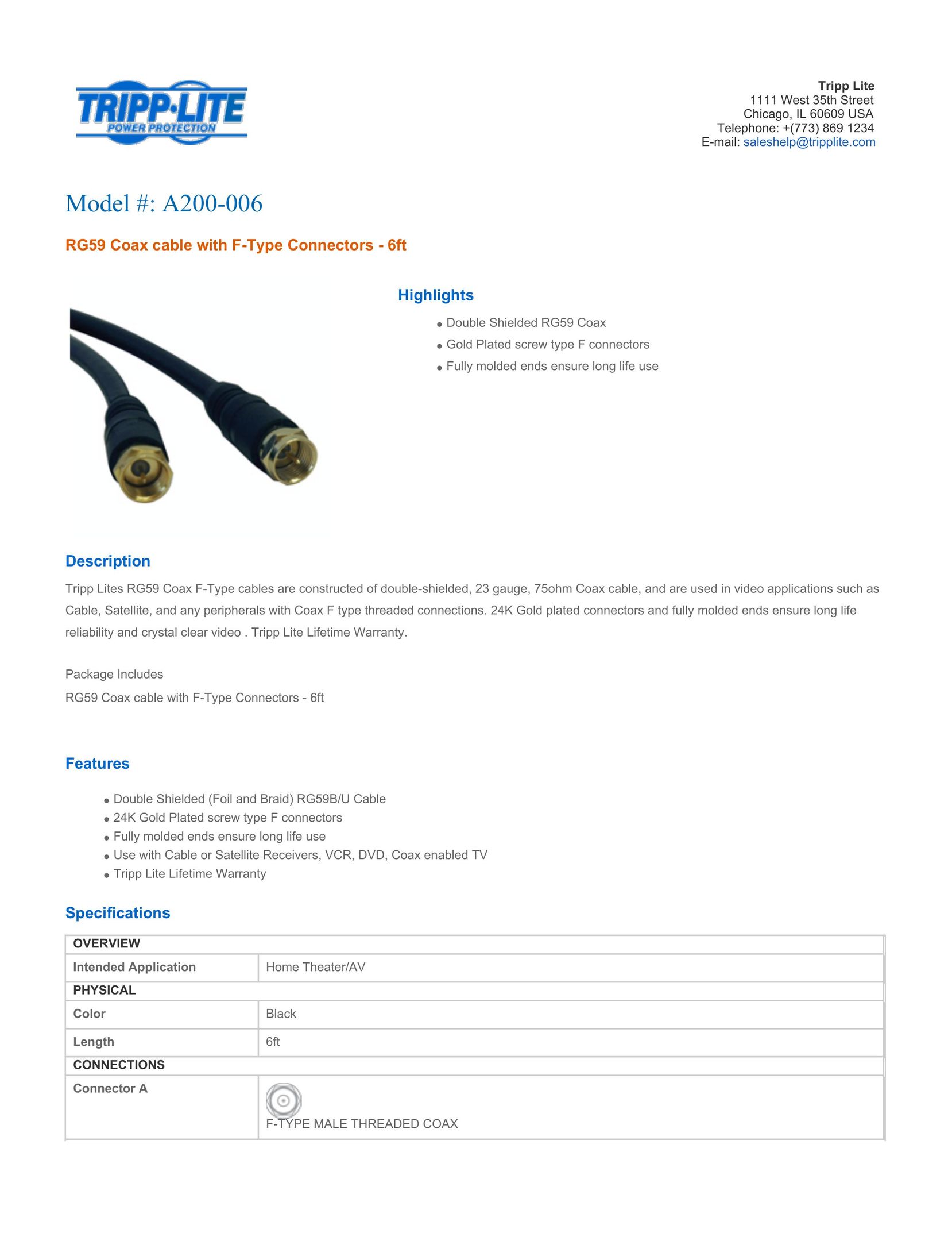 Tripp Lite A200-006 TV Cables User Manual