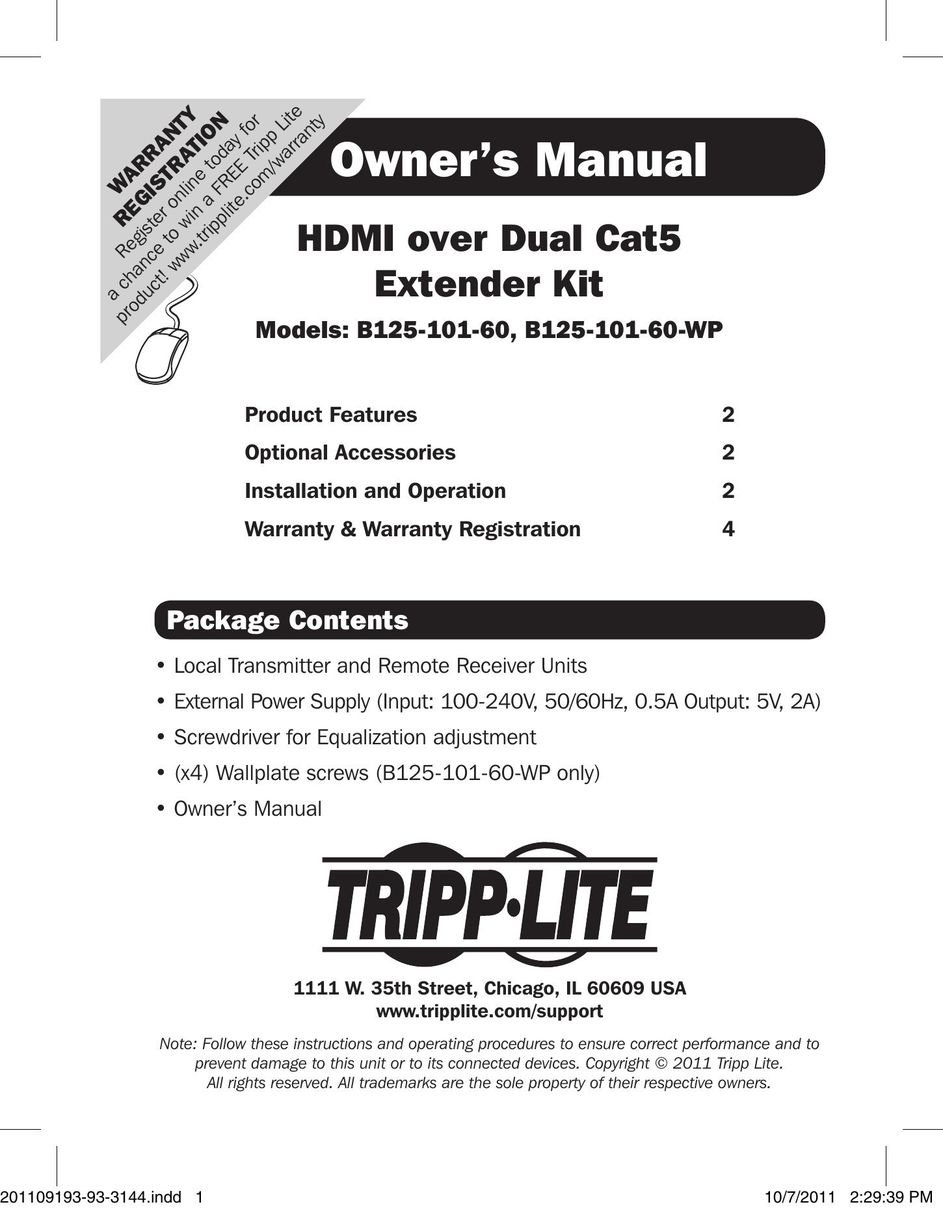 Tripp Lite B125-101-60-WP TV Cables User Manual