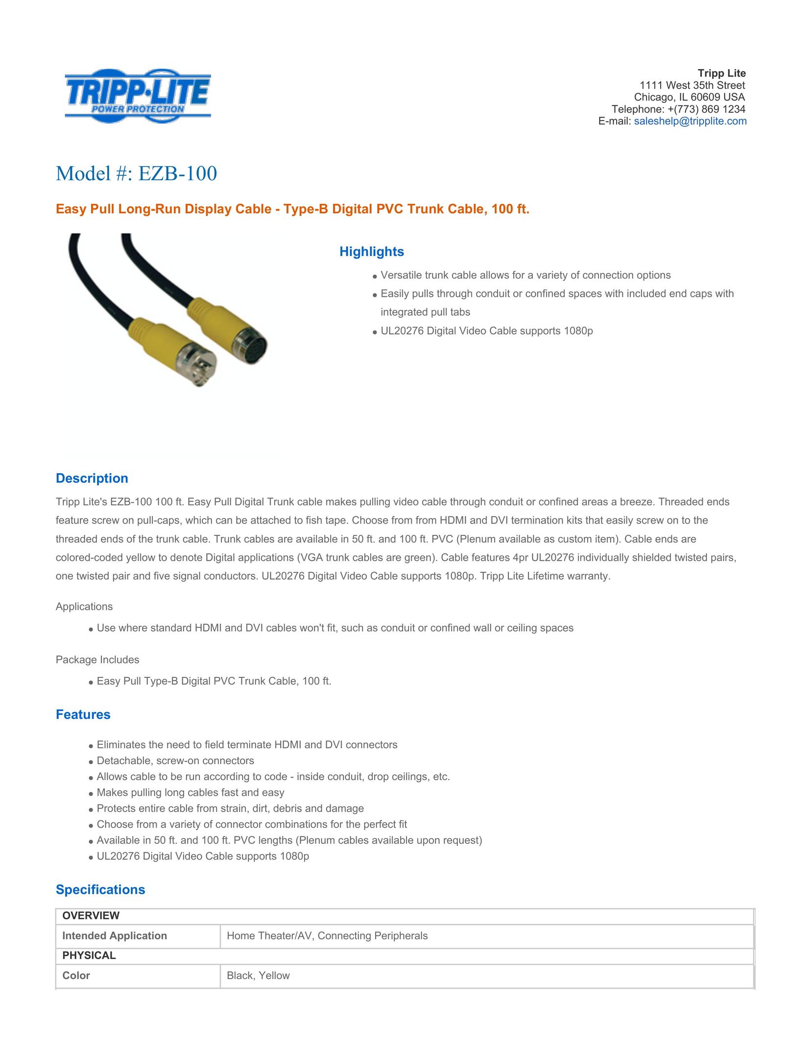 Tripp Lite EZB-100 TV Cables User Manual