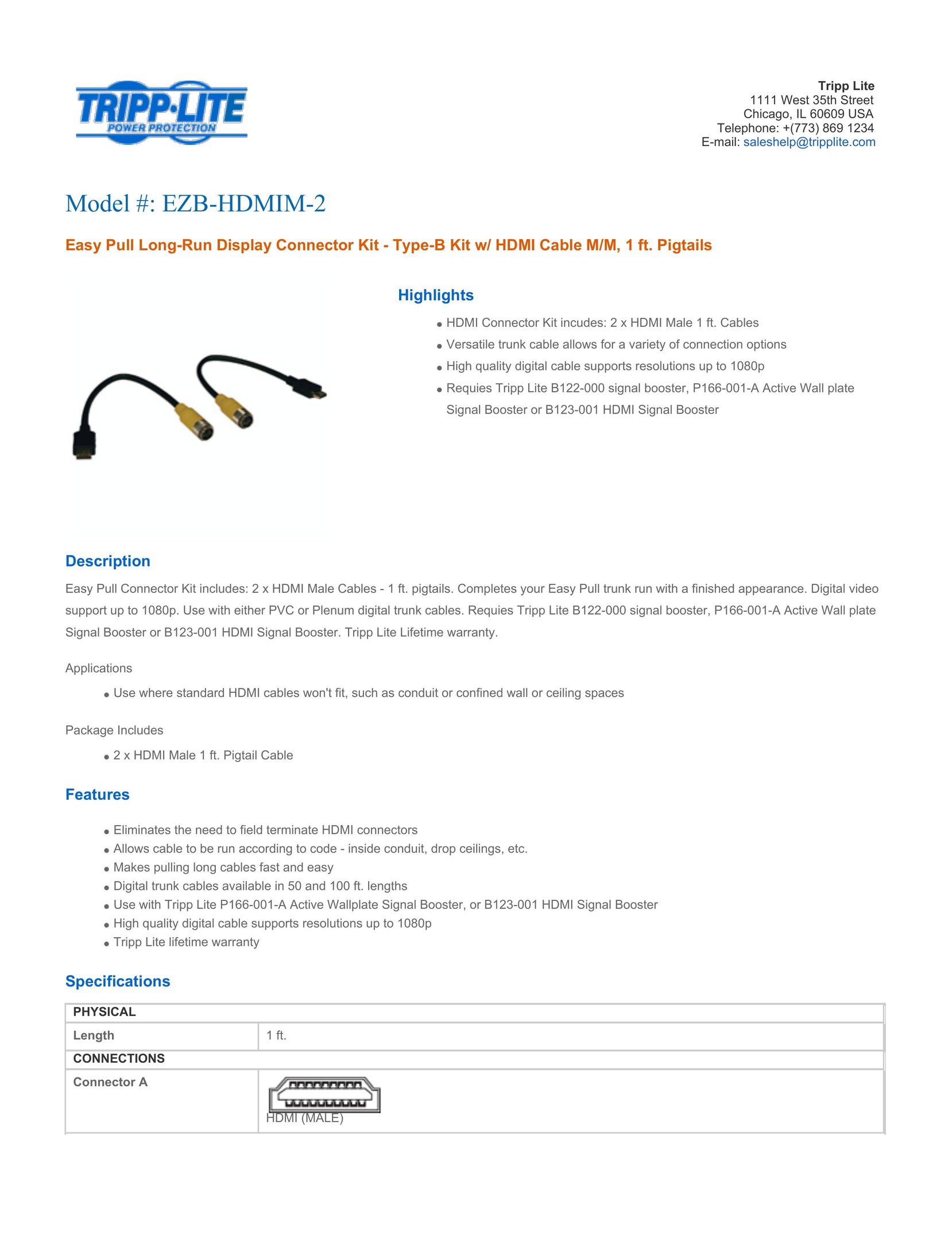 Tripp Lite EZB-HDMIM-2 TV Cables User Manual