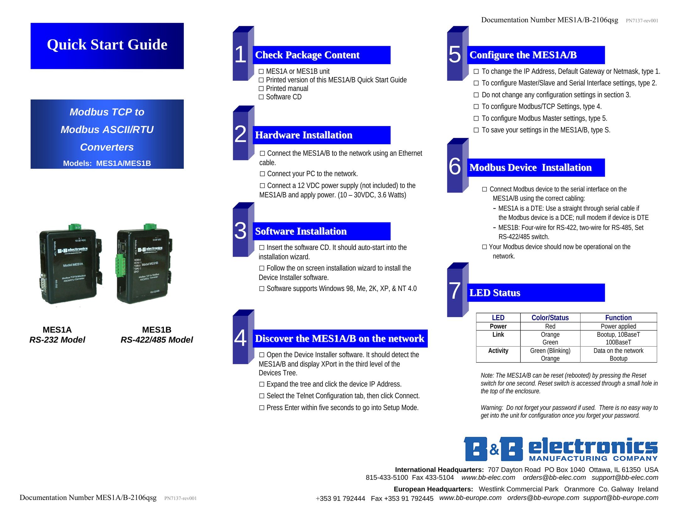 B&B Electronics MES1A/MES1B TV Converter Box User Manual