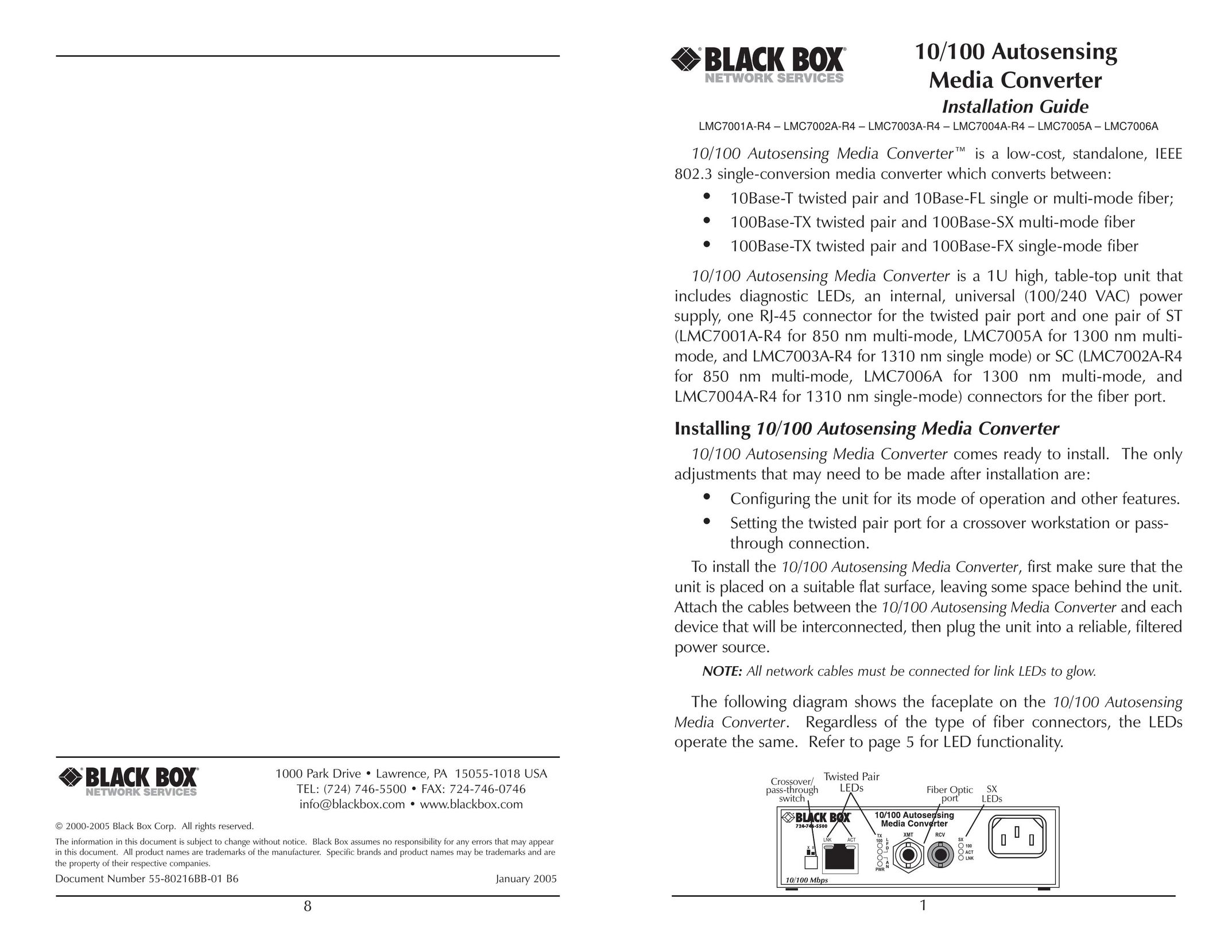 Black Box 10/100 Autosensing Media Converter TV Converter Box User Manual
