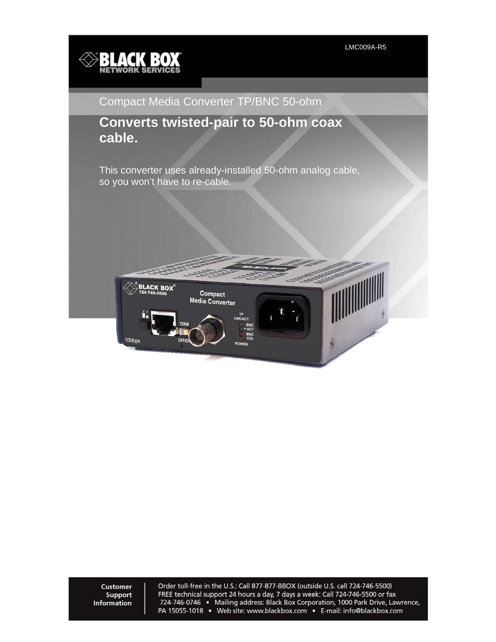 Black Box Compact Media Converter TP/BNC 50-ohm TV Converter Box User Manual