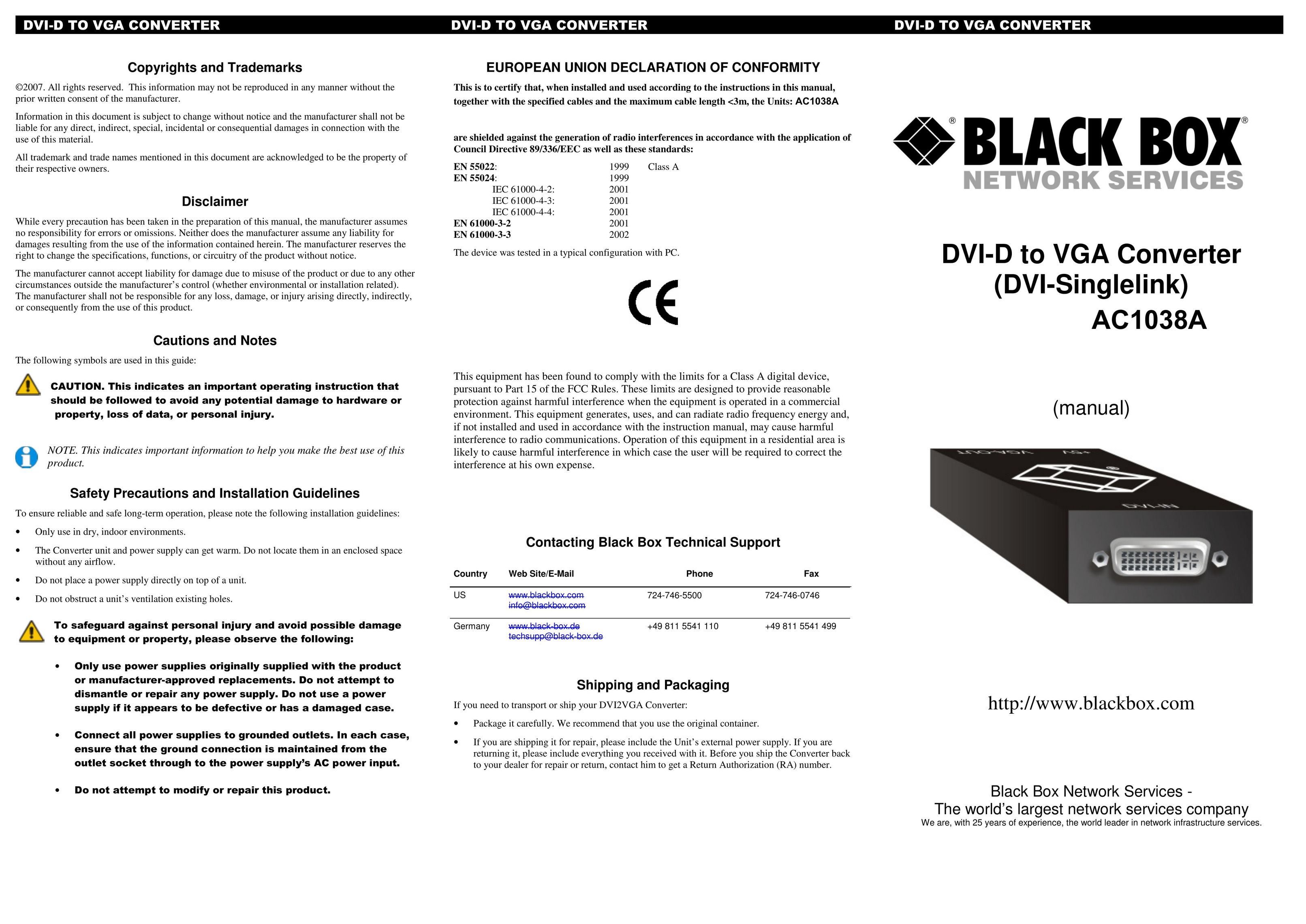 Black Box DVI-D TO VGA CONVERTER TV Converter Box User Manual