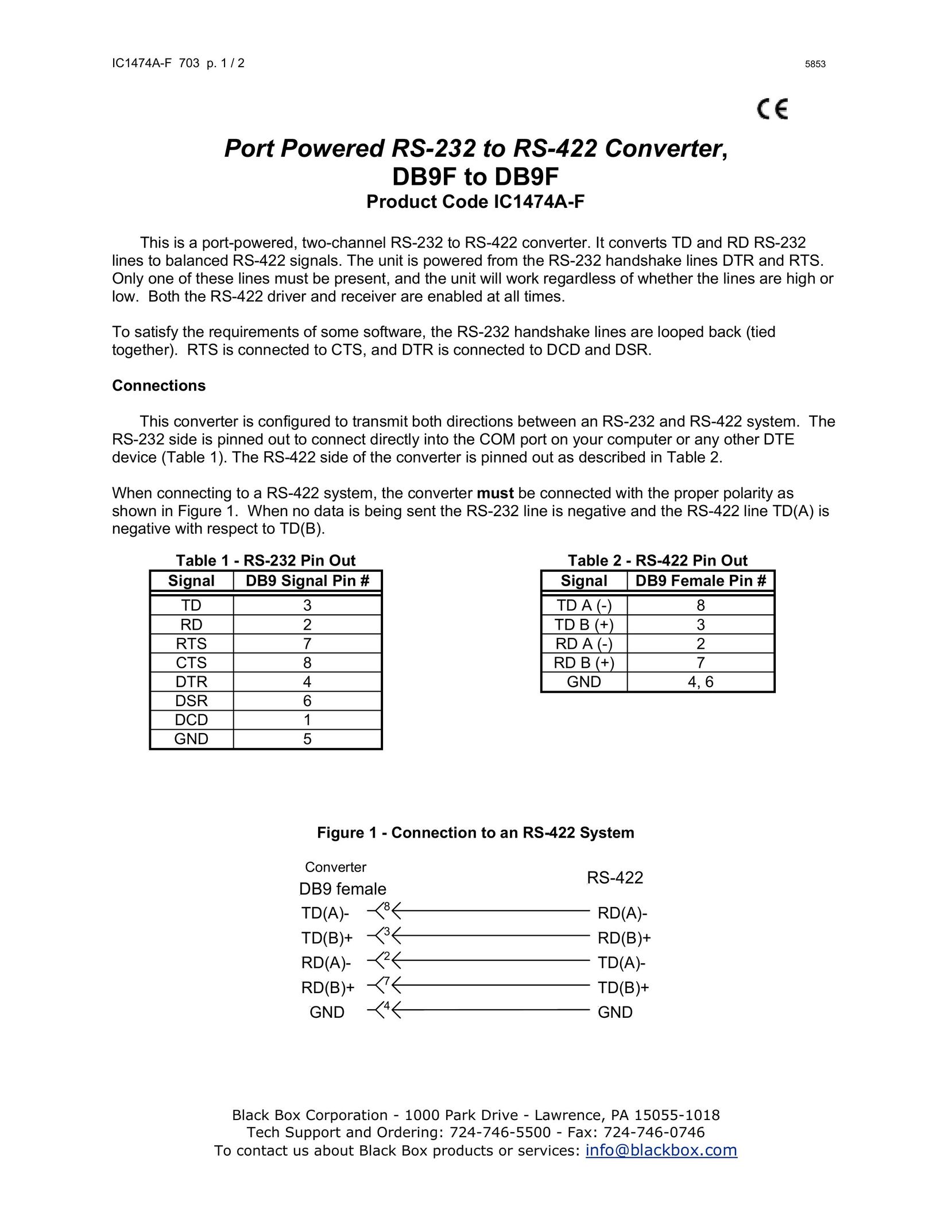 Black Box PORT POWERED RS-232 TO RS-422 CONVERTER, DB94 TO DB94 TV Converter Box User Manual