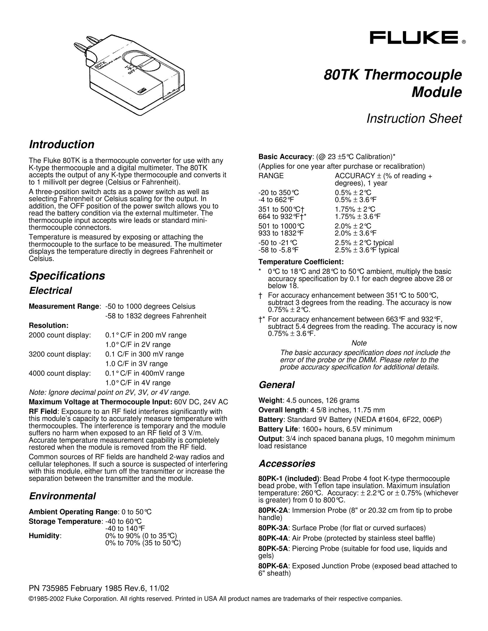 Fluke 80TK TV Converter Box User Manual