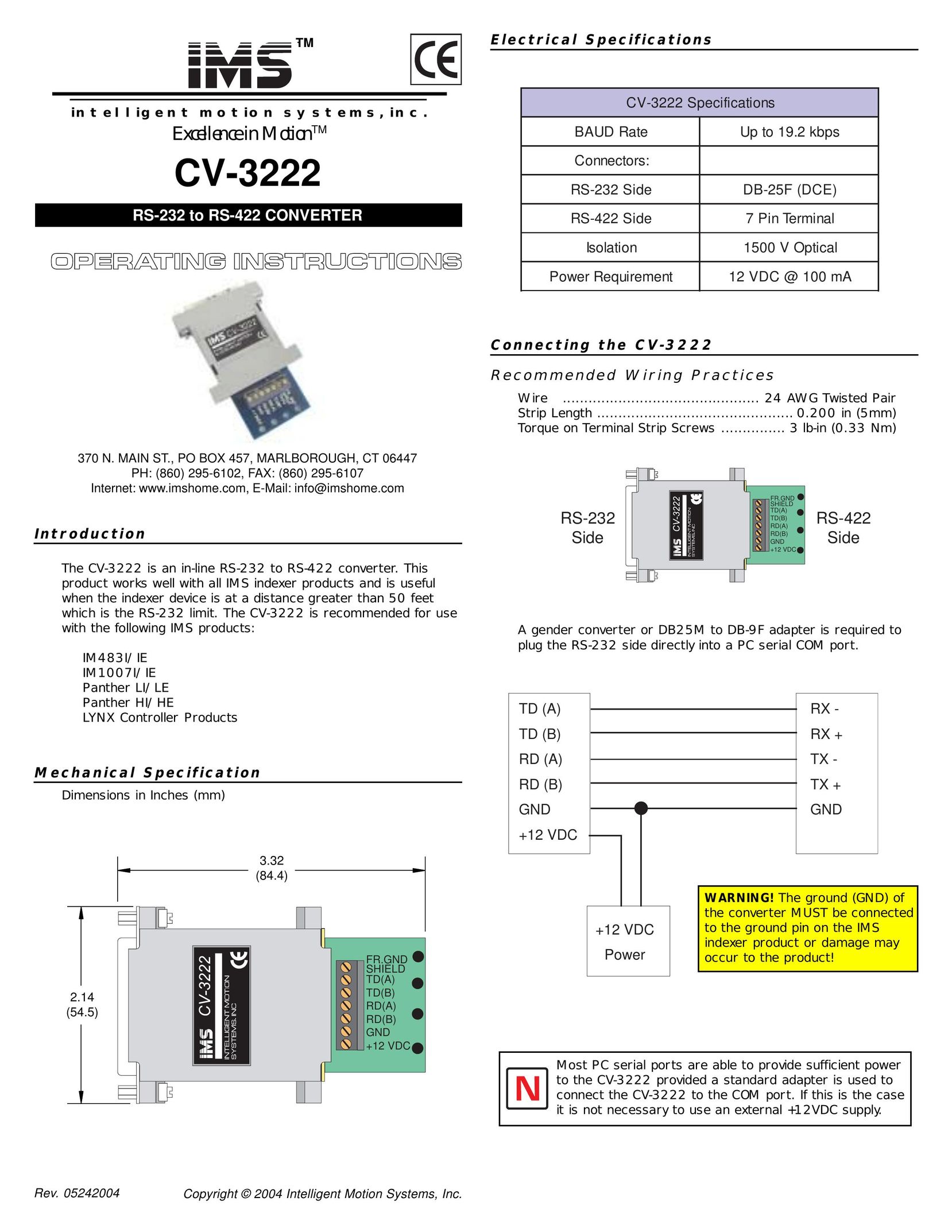 Intelligent Motion Systems CV-3222 TV Converter Box User Manual