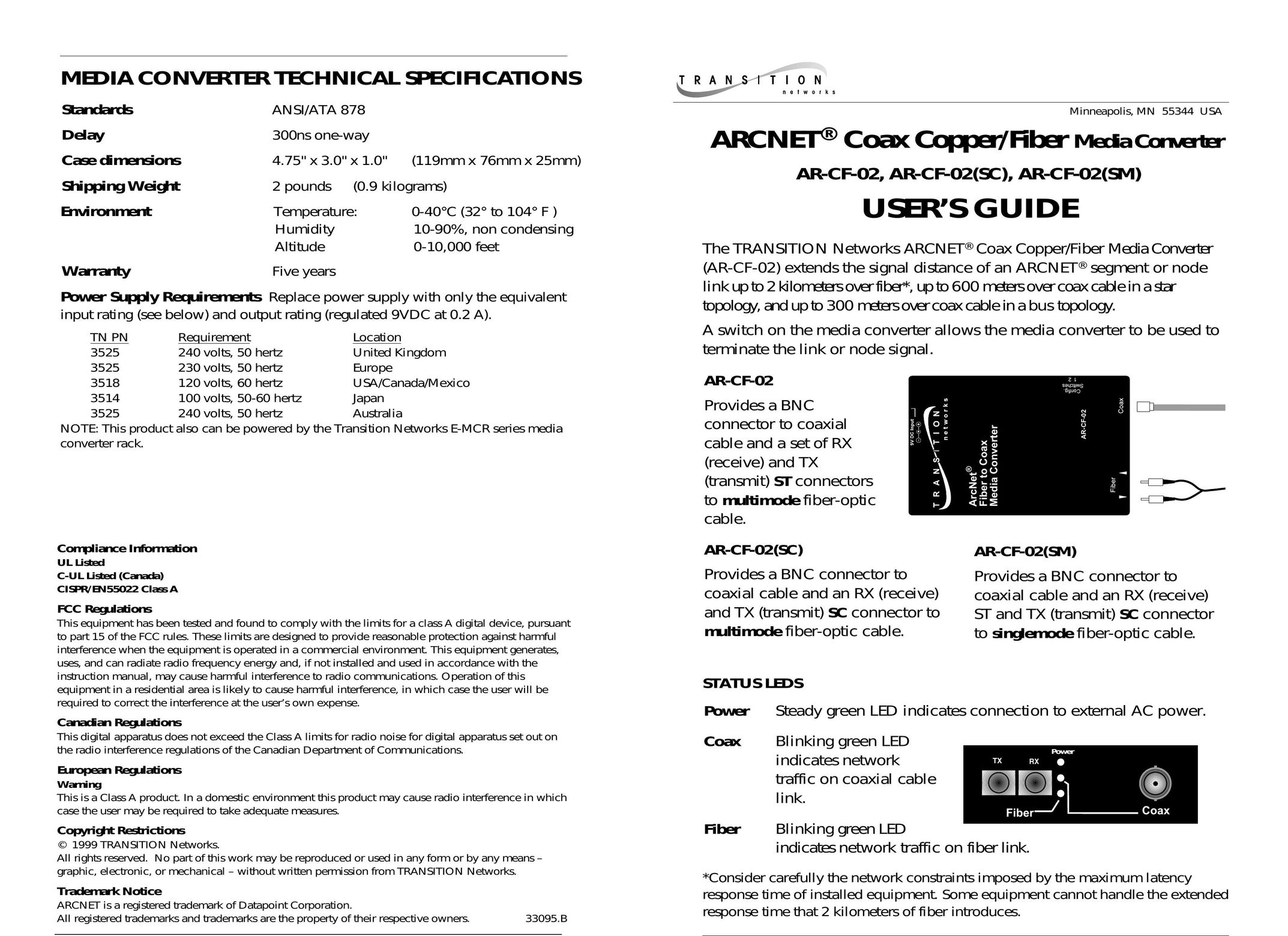 Transition Networks AR-CF-02 TV Converter Box User Manual