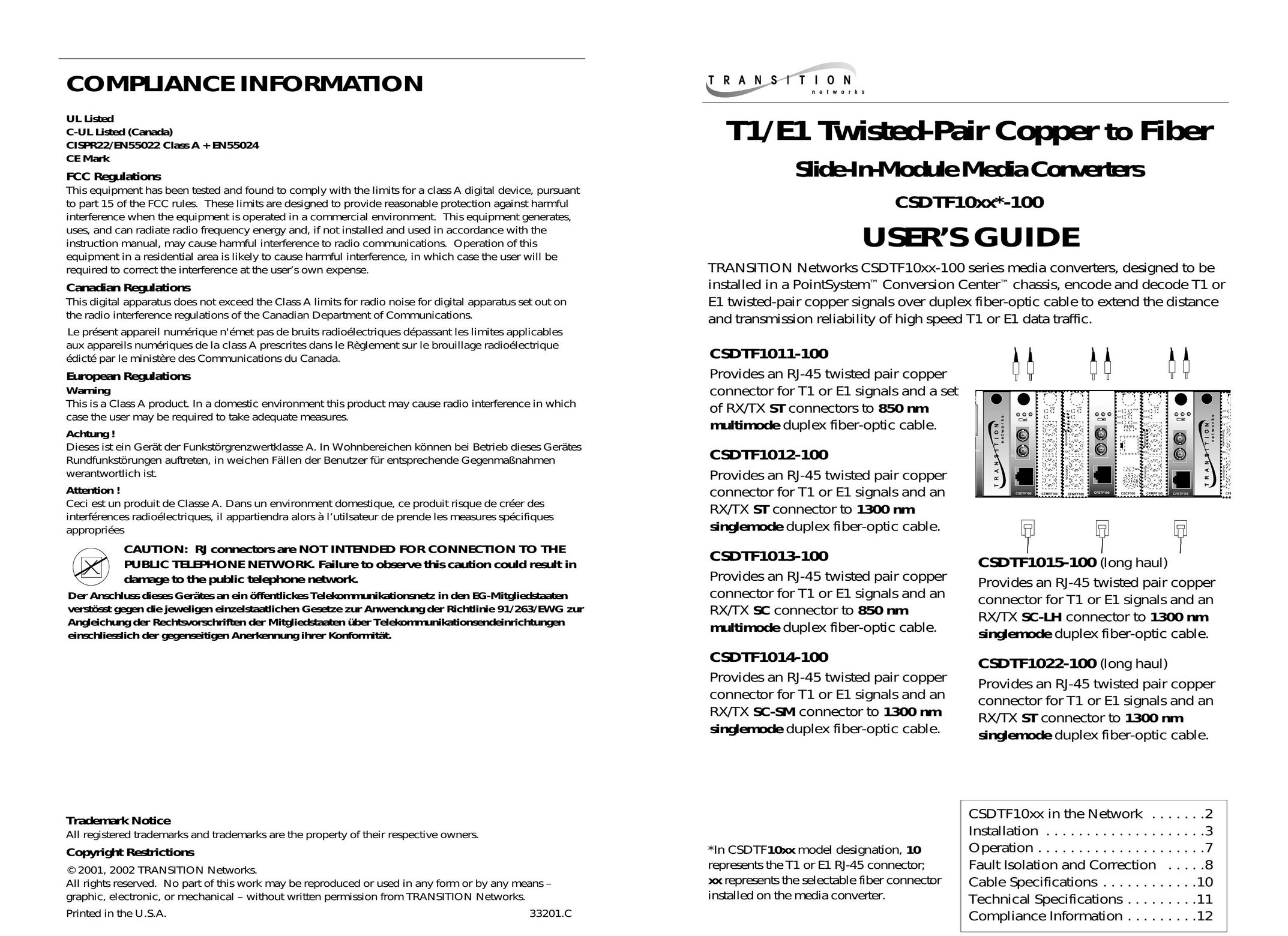 Transition Networks CSDTF1022-100 TV Converter Box User Manual